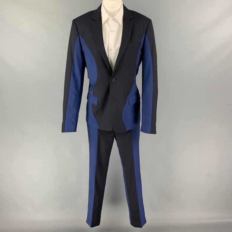 KENZO Size 38 Navy Blue Color Block Wool Mohair Notch Lapel Suit at 1stDibs