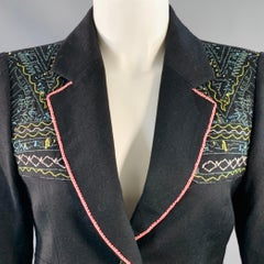 KENZO Size 4 Black Multi Color Wool Embroidered Jacket Blazer