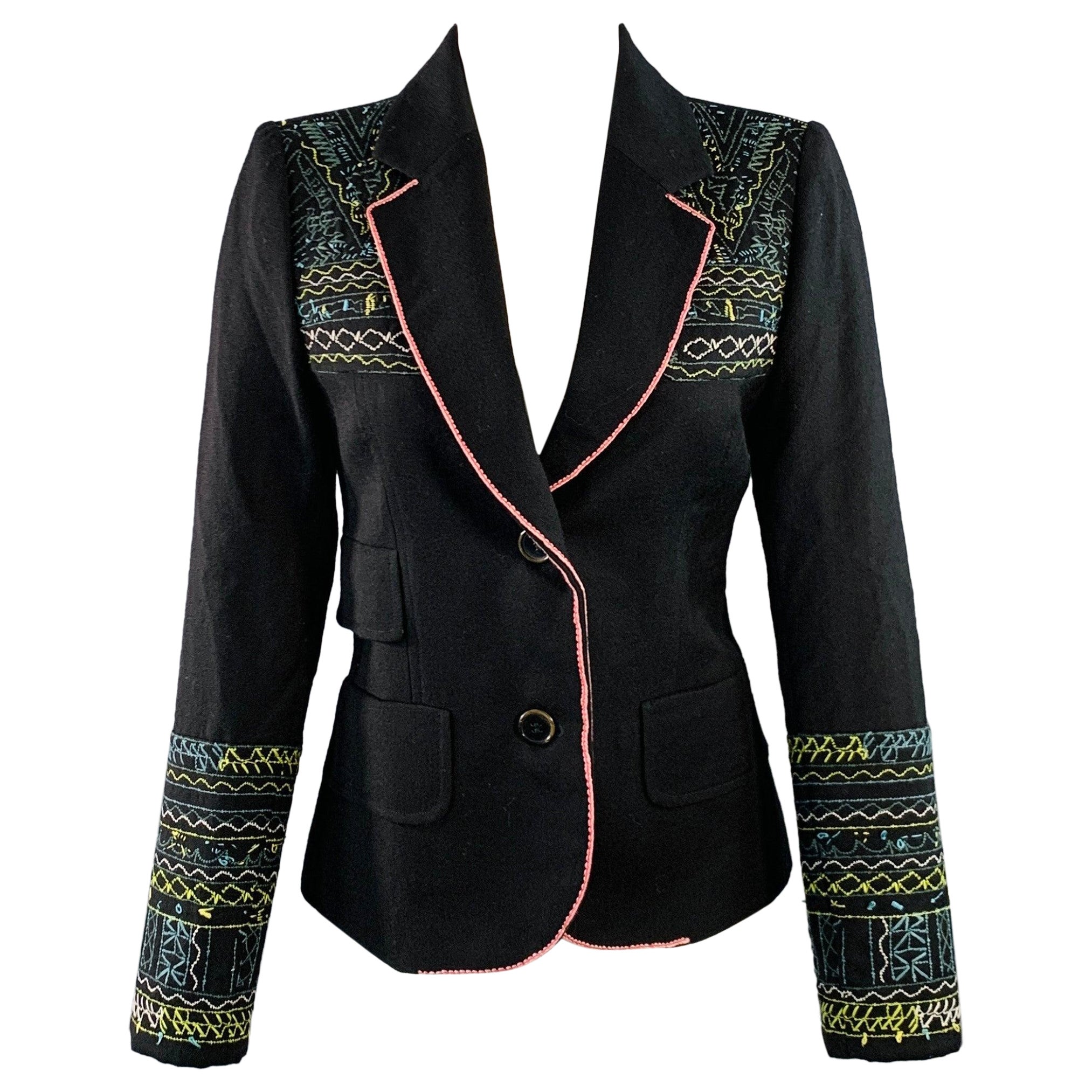KENZO Size 4 Black Multi Color Wool Embroidered Jacket Blazer in vendita