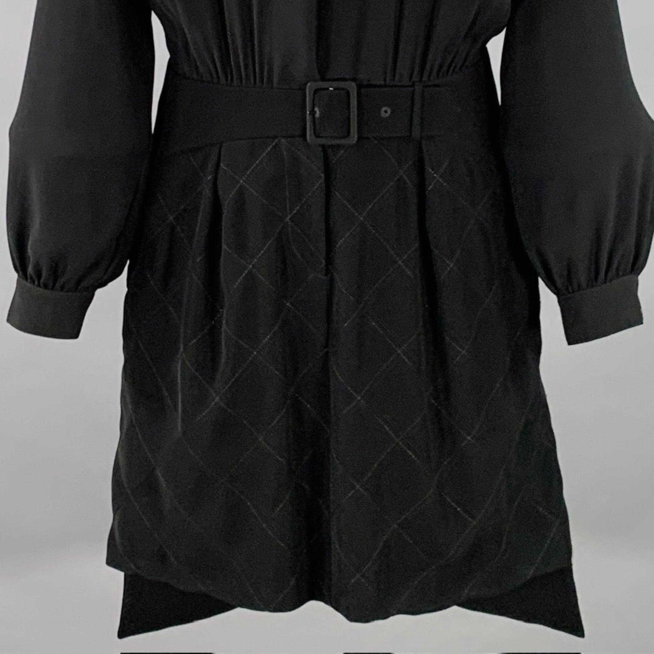 KENZO PARIS shirt dress
in a black polyester featuring long sleeves, drop waist with attached belt, and button closure with zip fly.Very Good Pre-Owned Condition. Minor mark on cuff. 

Marked:   FR 36 

Measurements: 
 
Shoulder: 15 inches Bust: 37
