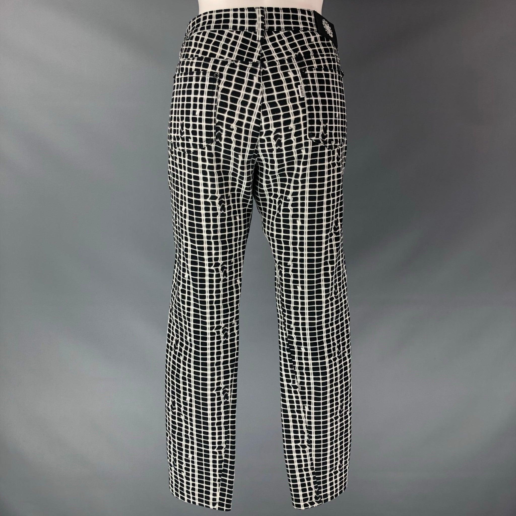 KENZO Size 4 Black & White Cotton Print Jeans In Good Condition For Sale In San Francisco, CA