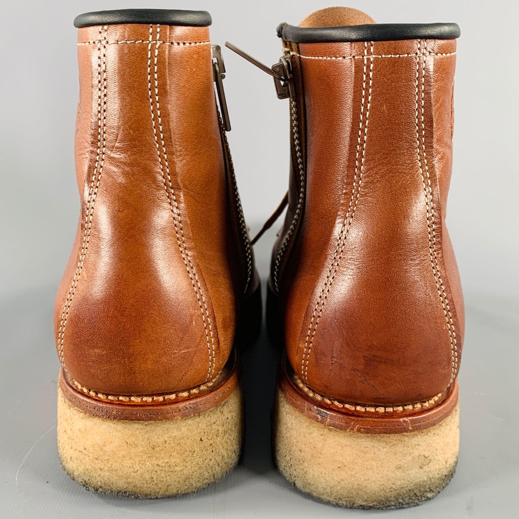 KENZO Size 9.5 Brown Contrast Stitch Leather Lace-Up Zipper Boots In Good Condition For Sale In San Francisco, CA