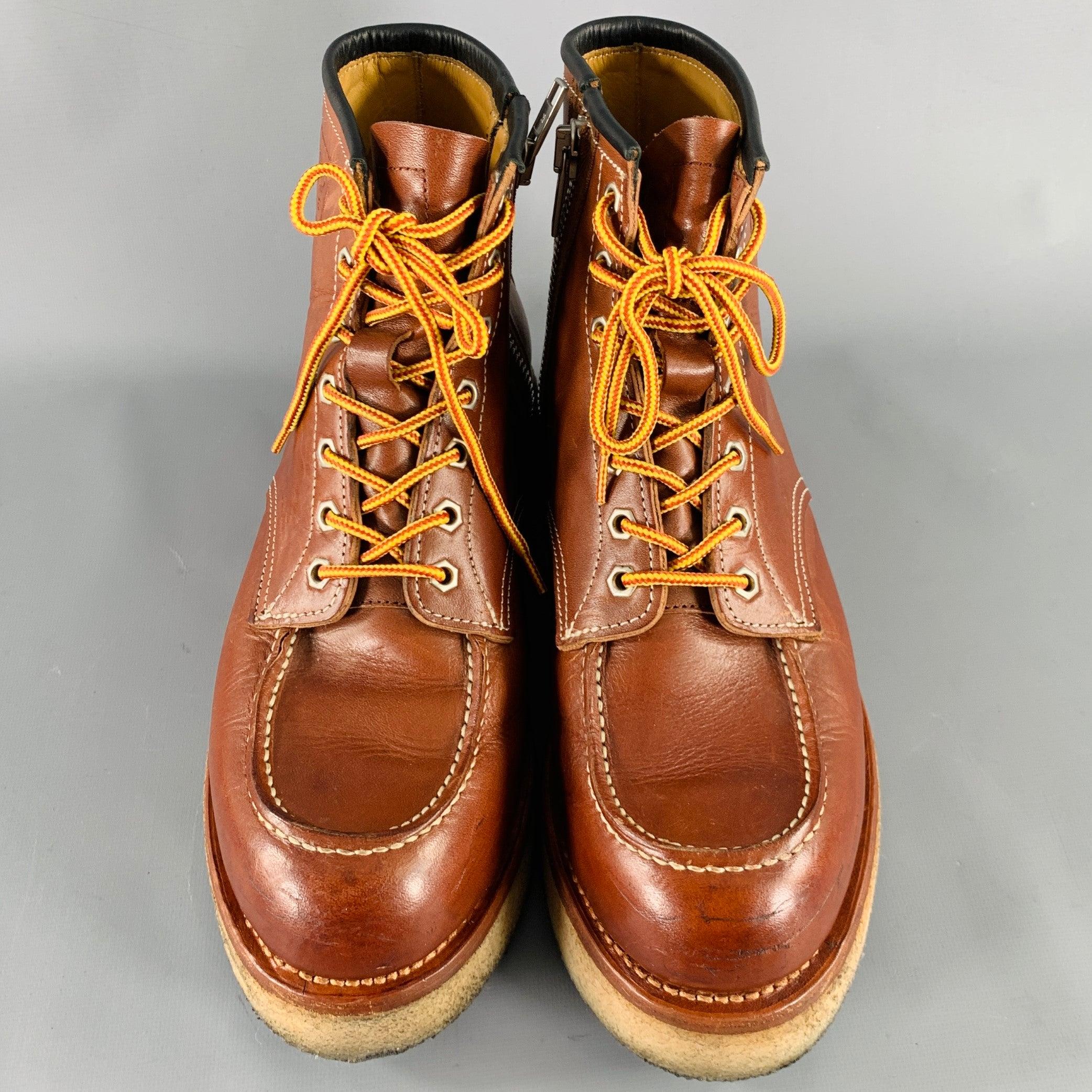 Men's KENZO Size 9.5 Brown Contrast Stitch Leather Lace-Up Zipper Boots For Sale