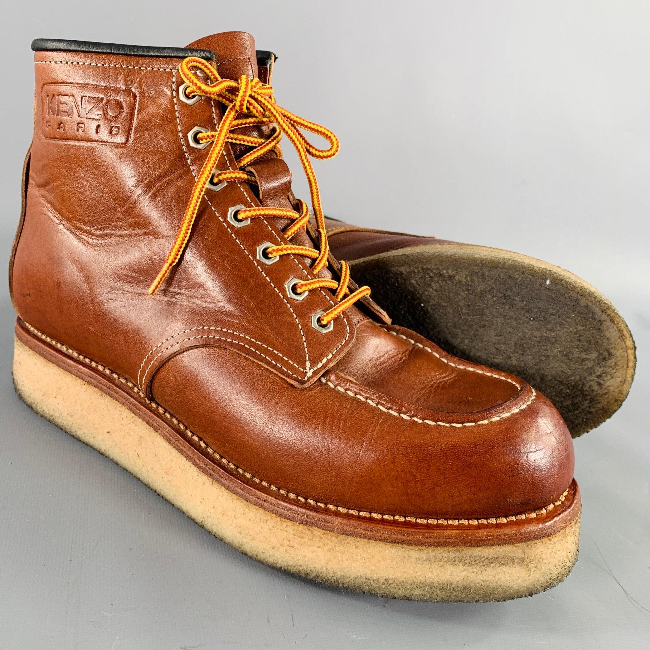 KENZO Size 9.5 Brown Contrast Stitch Leather Lace-Up Zipper Boots For Sale 1