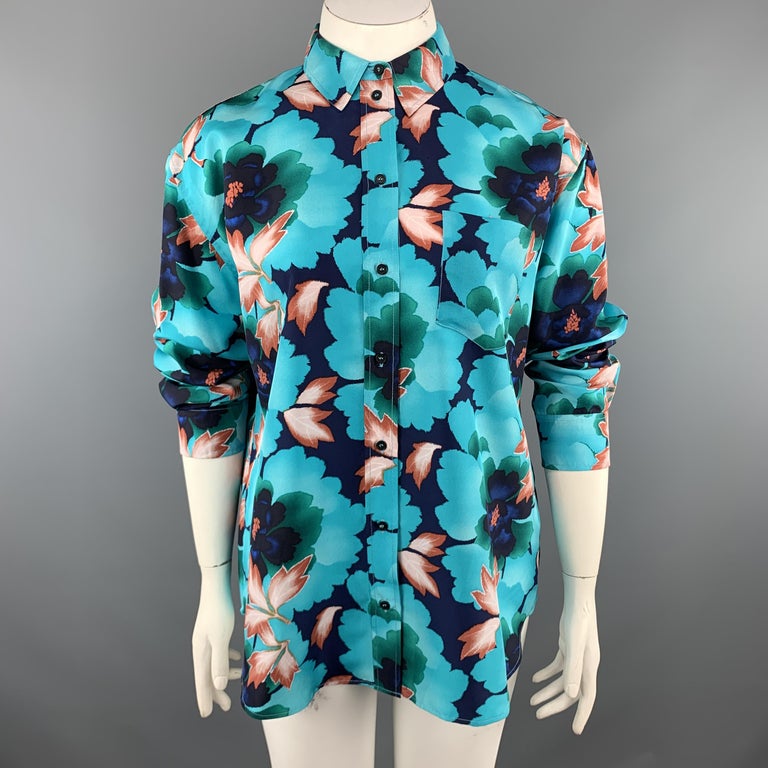 KENZO Size L Aqua Floral Leafs Silk Long Sleeve Shirt For Sale at 1stDibs