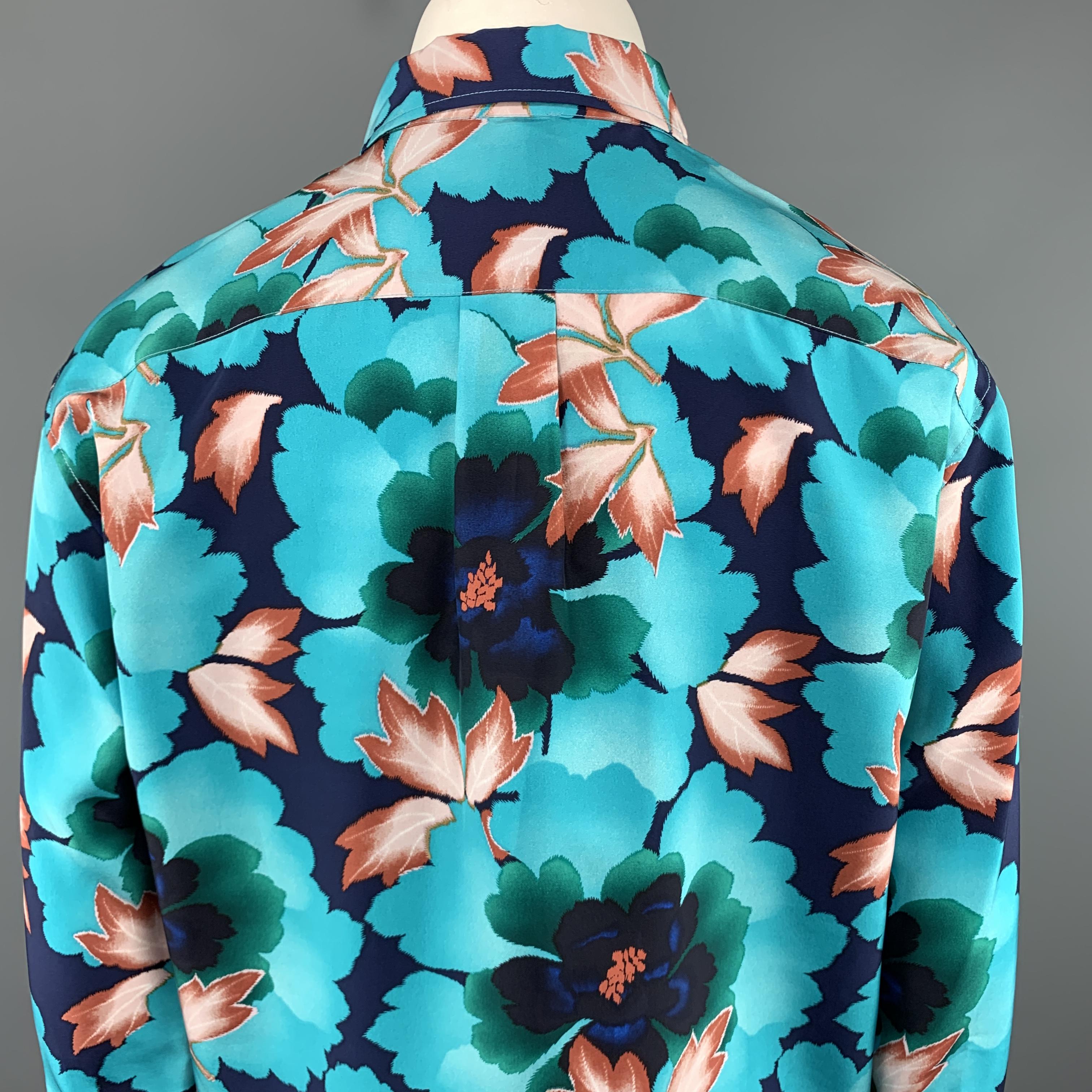 Blue KENZO Size L Aqua Floral Leafs Silk Long Sleeve Shirt
