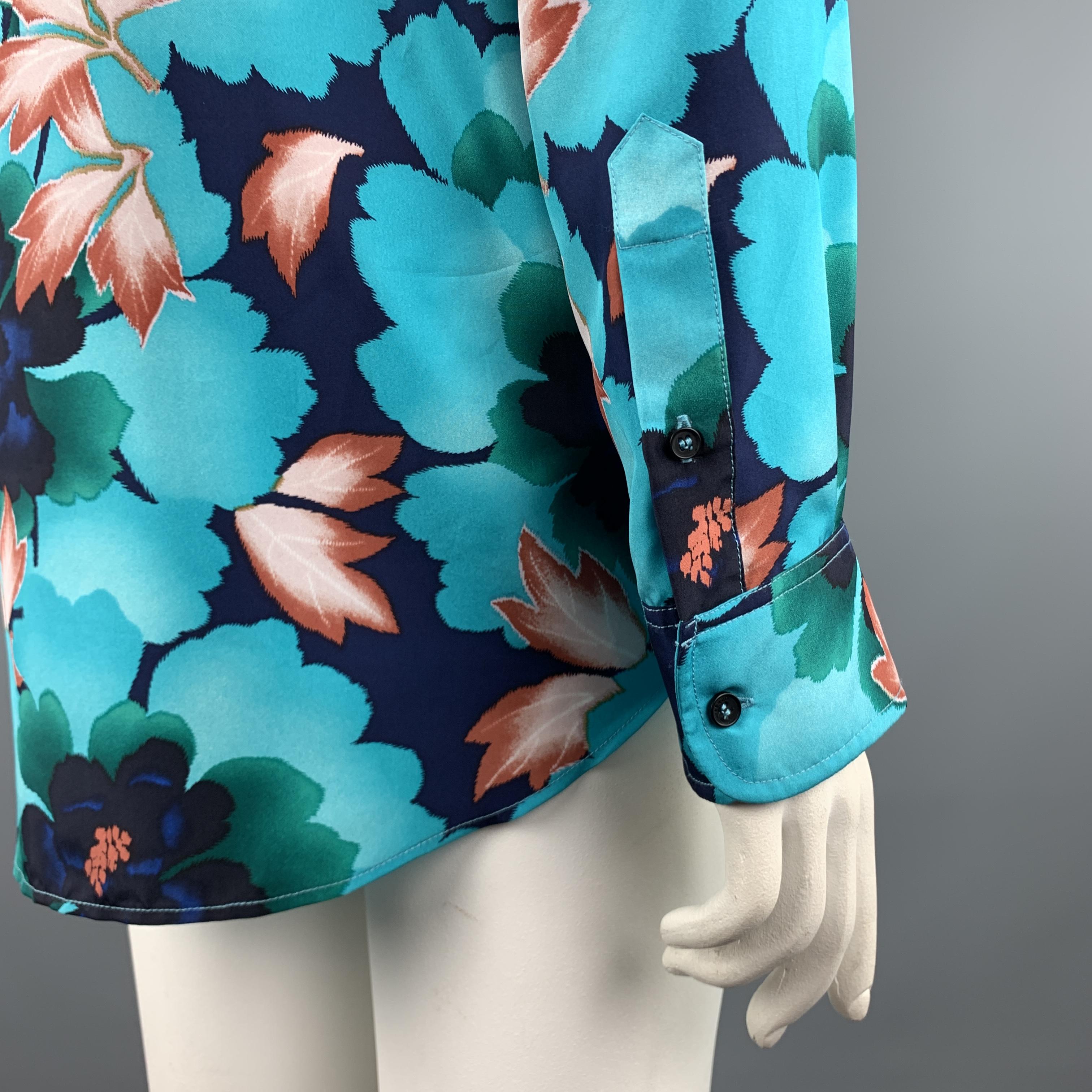 KENZO Size L Aqua Floral Leafs Silk Long Sleeve Shirt In Excellent Condition In San Francisco, CA