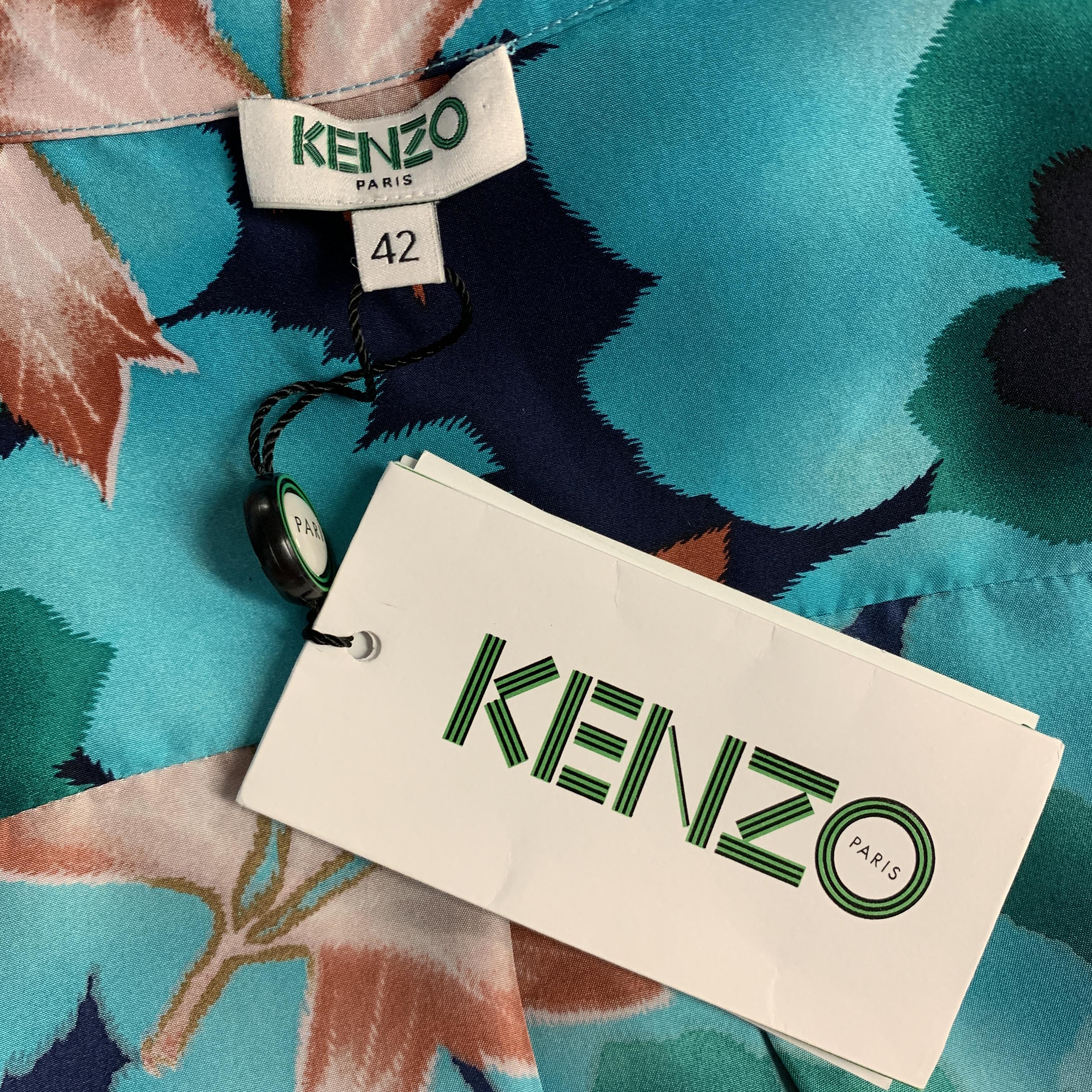 Women's KENZO Size L Aqua Floral Leafs Silk Long Sleeve Shirt