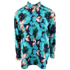 KENZO Size L Aqua Floral Leafs Silk Long Sleeve Shirt