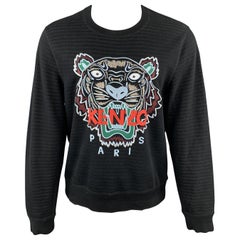 KENZO Size L Black Striped Cotton Tiger Head Embroidered Crew-Neck Sweatshirt
