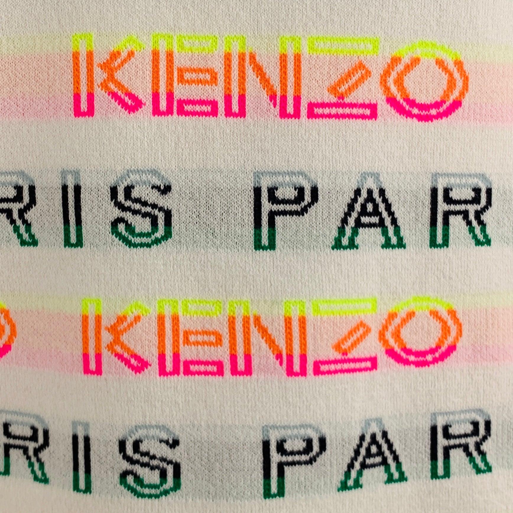 KENZO pullover
in a white cotton blend knit featuring multi-color logo pattern, short sleeves with orange and black trim, and ribbed hem, cuffs, and collar.Very Good Pre-Owned Condition. Minor signs of wear. 

Marked:   L 

Measurements: 
