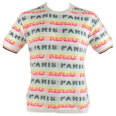 KENZO Size L White Multi Color Logo Cotton Polyester Short Sleeve Pullover