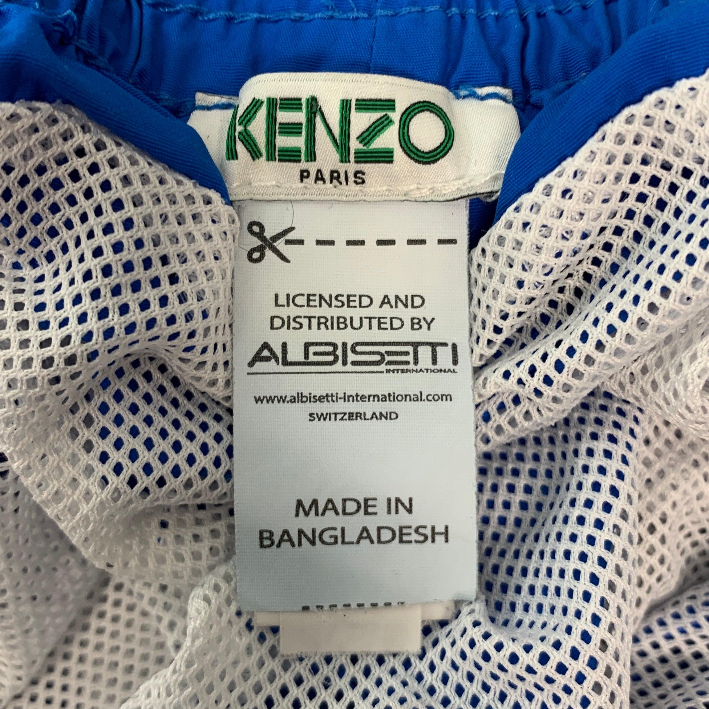 KENZO Size M Blue White Logo Nylon Elastic Waistband Swim Trunks In Excellent Condition In San Francisco, CA