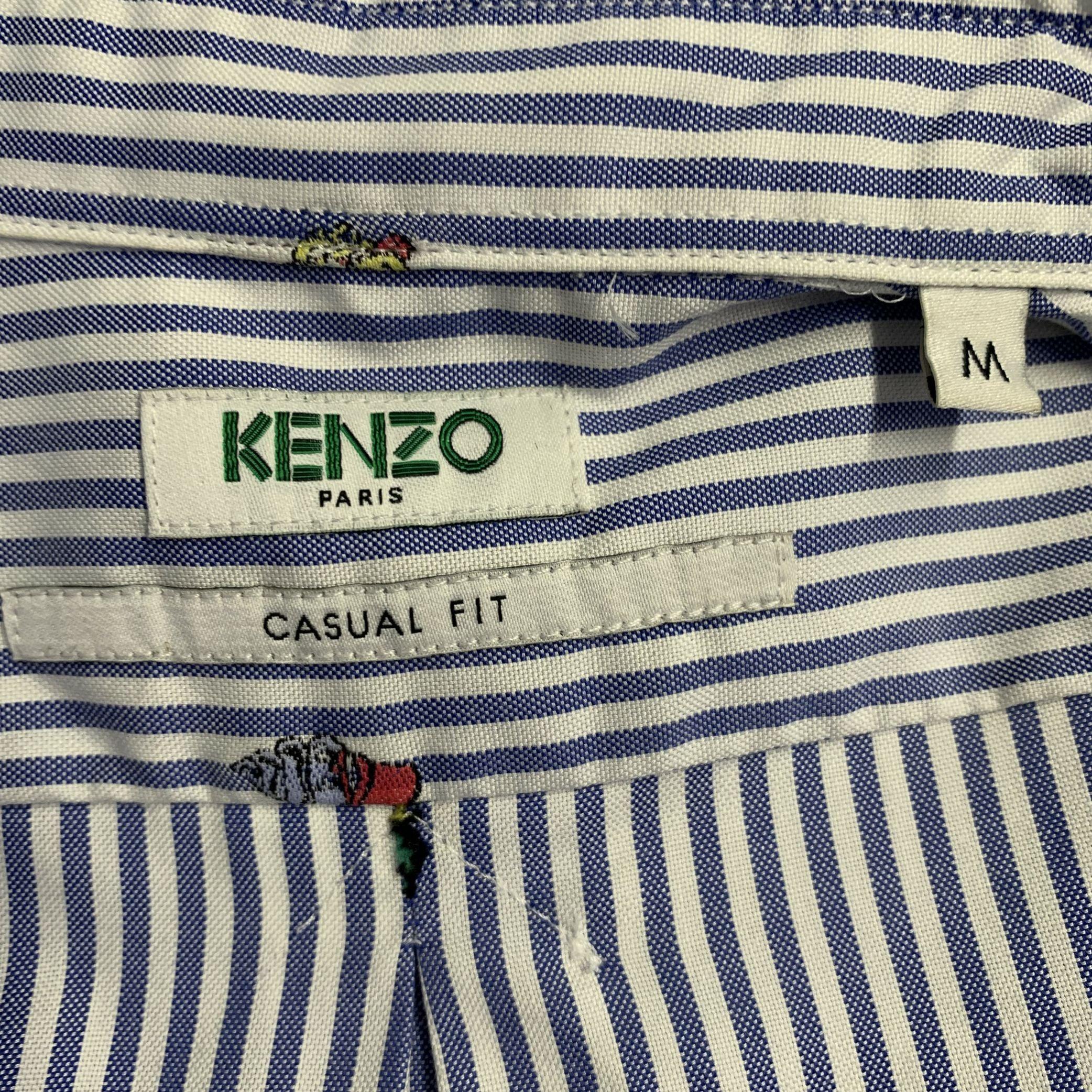Kenzo taglia M Camicia a maniche lunghe in cotone a righe bianche e blu con colletto button down in vendita 1