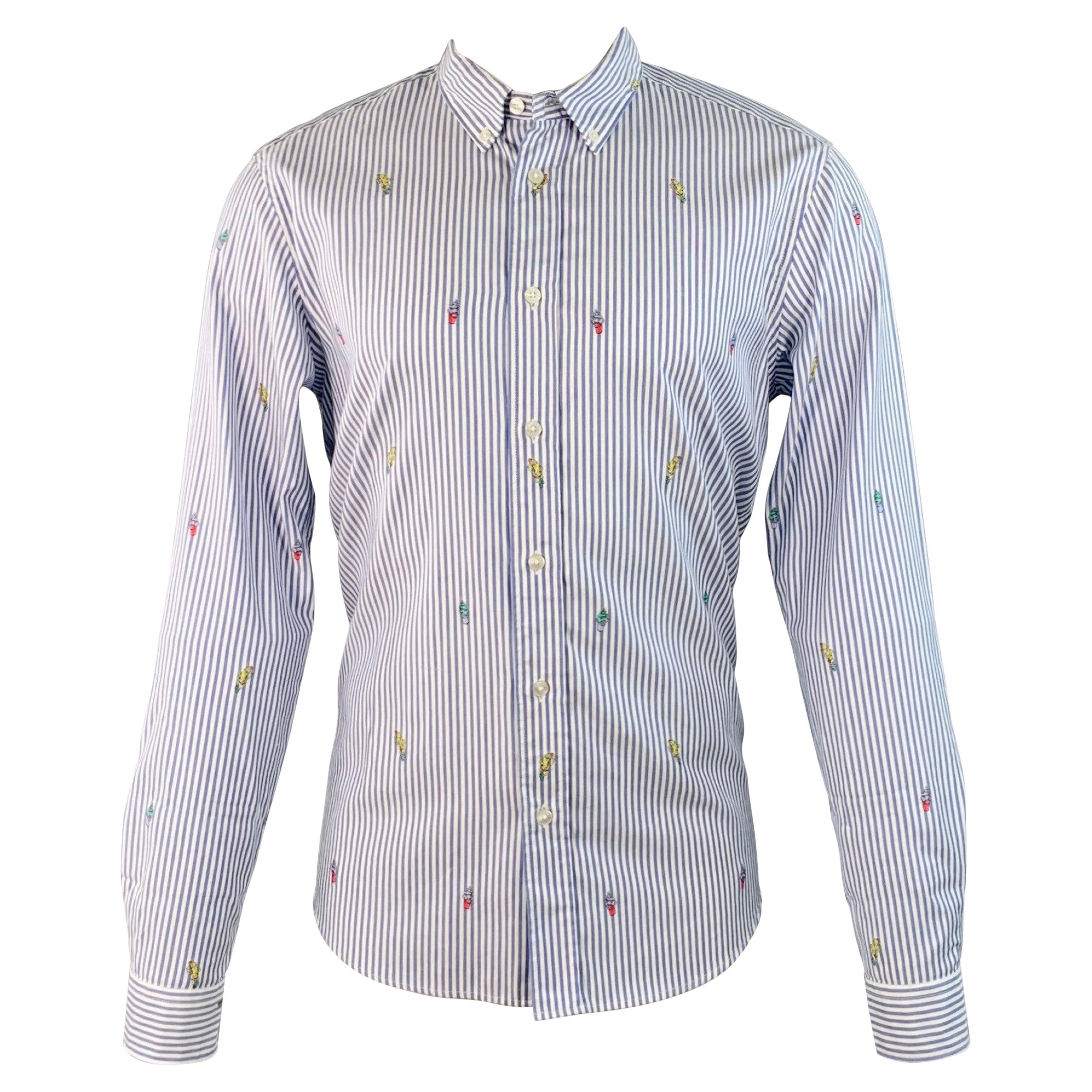 Kenzo taglia M Camicia a maniche lunghe in cotone a righe bianche e blu con colletto button down in vendita