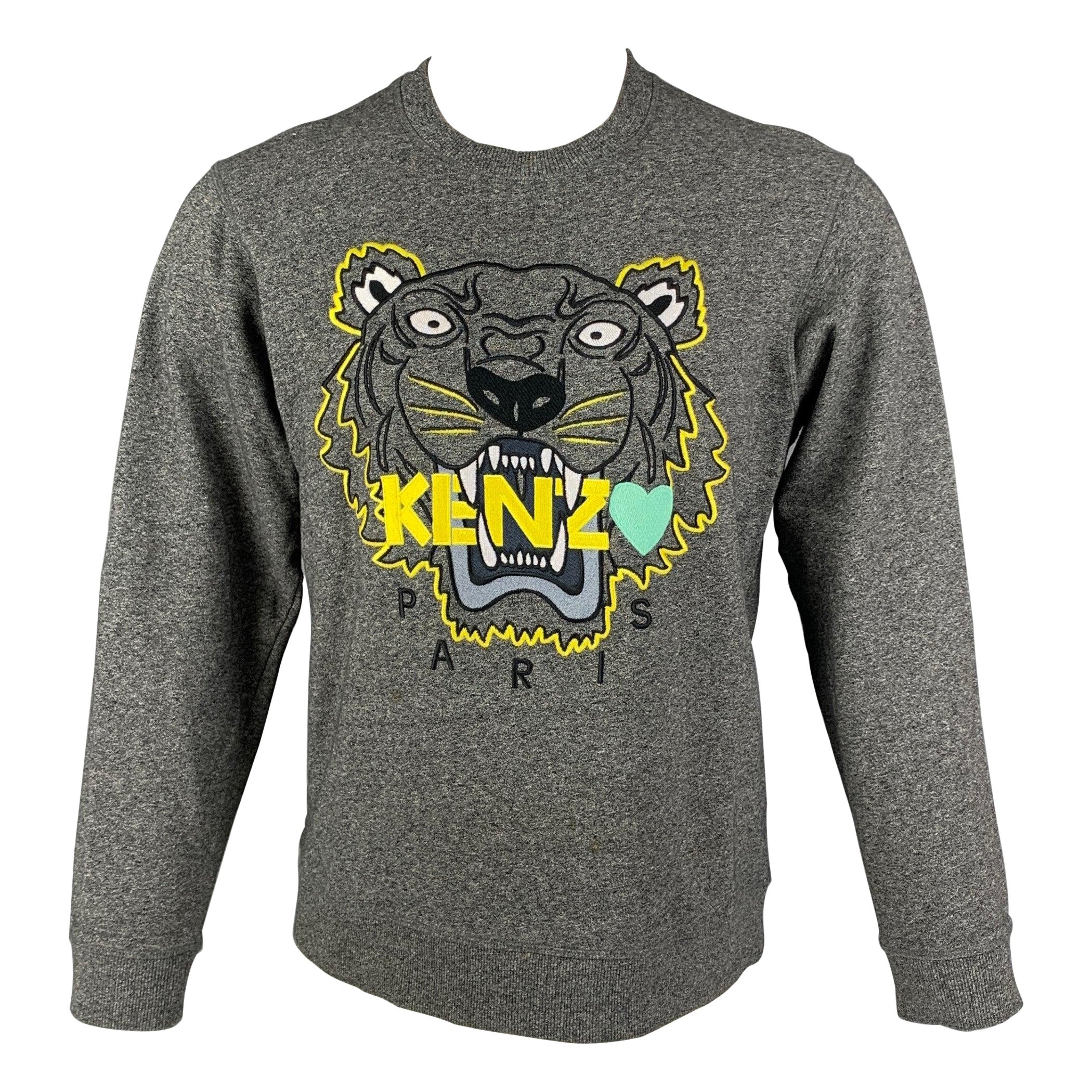 KENZO Größe M Pullover mit Crew-Neck aus Baumwolle mit grauer und gelber Stickerei