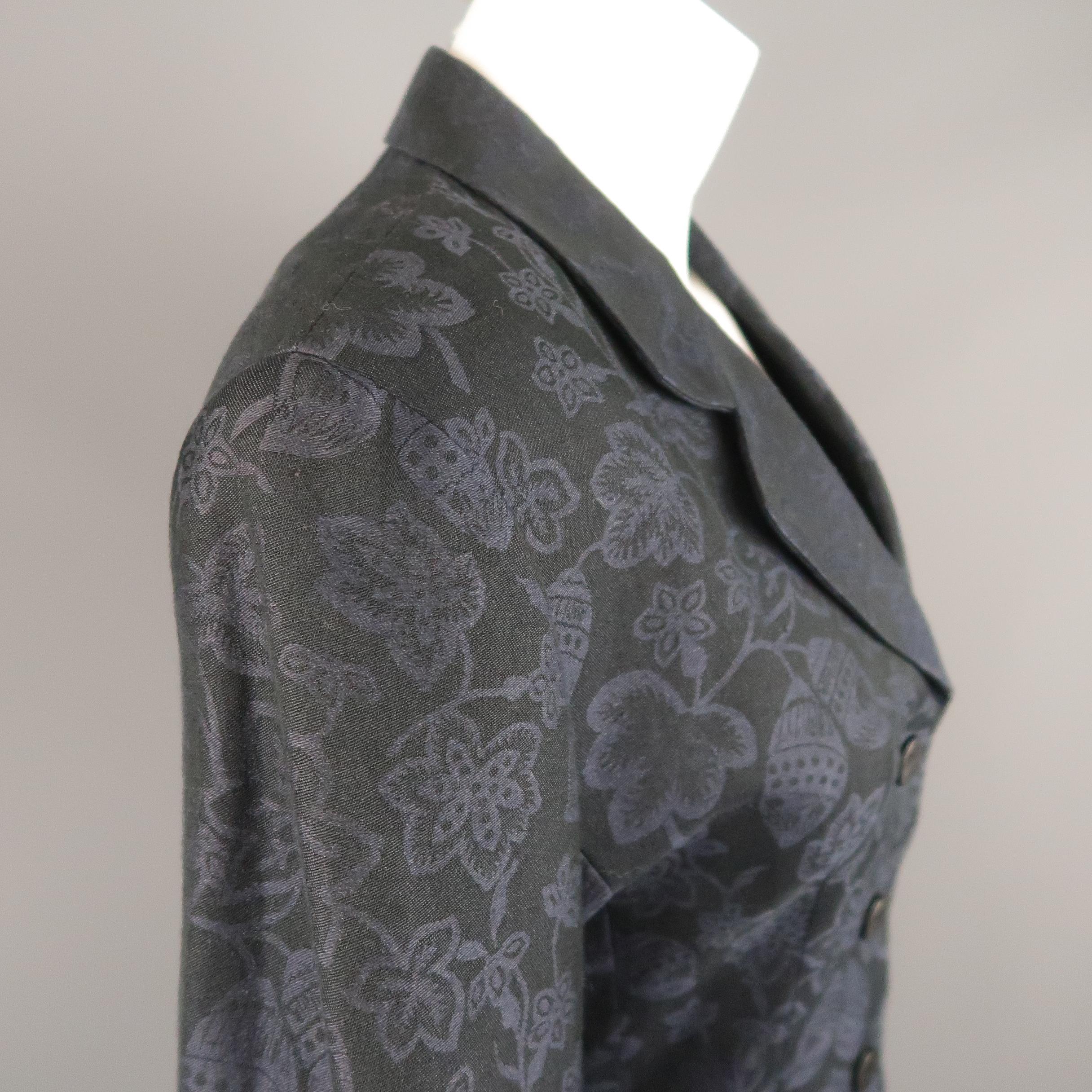 Black KENZO Size M Navy Floral Print Notch Lapel Blazer Jacket