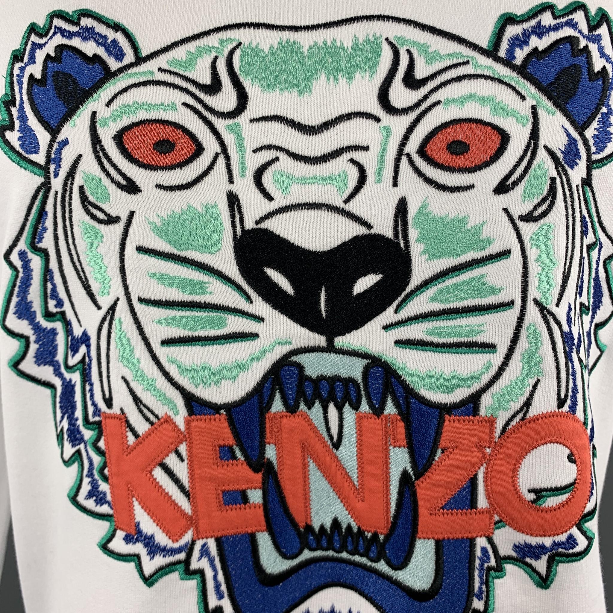 Gray KENZO Size M White Cotton Tiger Embroidered Crew-Neck Sweatshirt