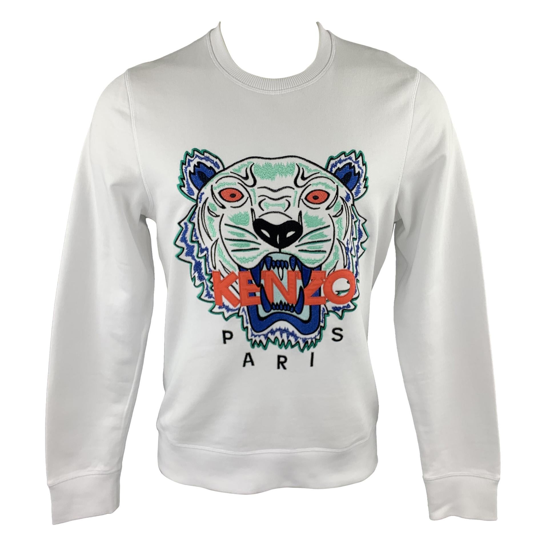 KENZO Size M White Cotton Tiger Embroidered Crew-Neck Sweatshirt
