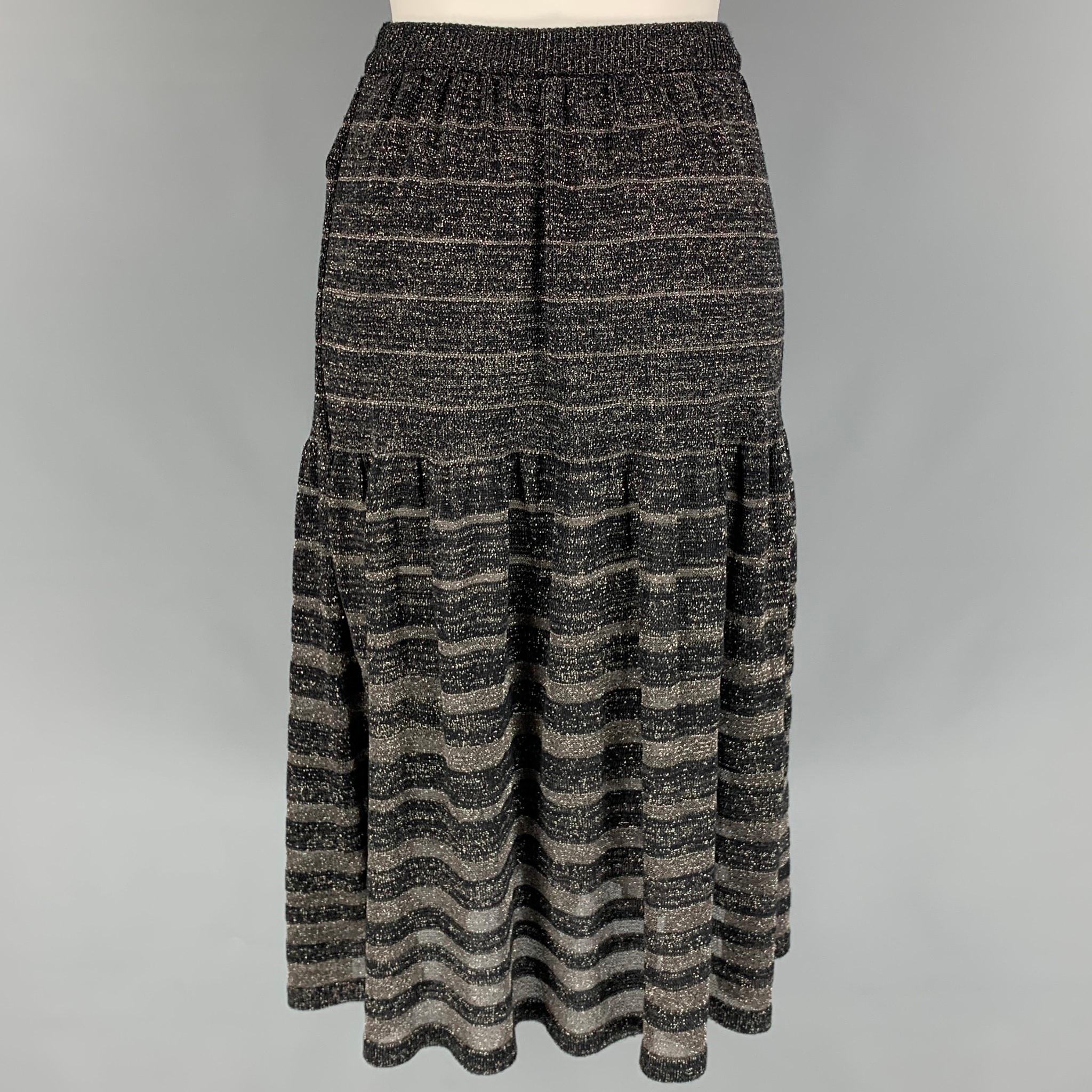 KENZO Size S Black Silver Acrylic Blend Stripe Elastic Waistband Mid-Calf Skirt In Good Condition In San Francisco, CA