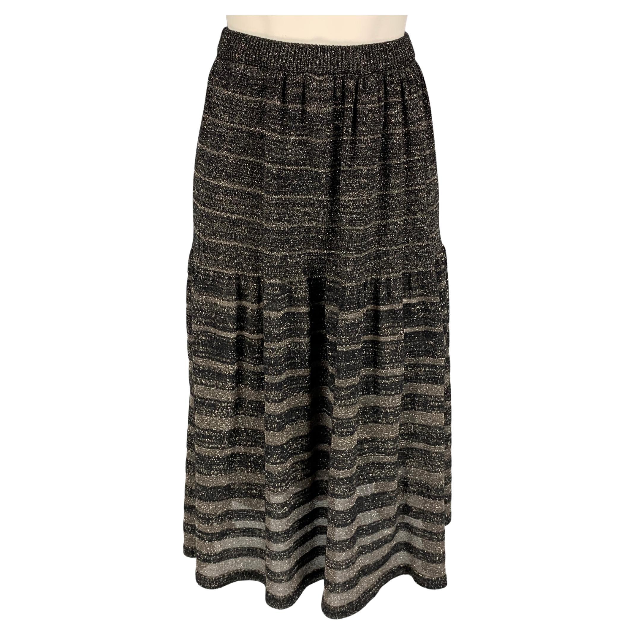 KENZO Size S Black Silver Acrylic Blend Stripe Elastic Waistband Mid-Calf Skirt