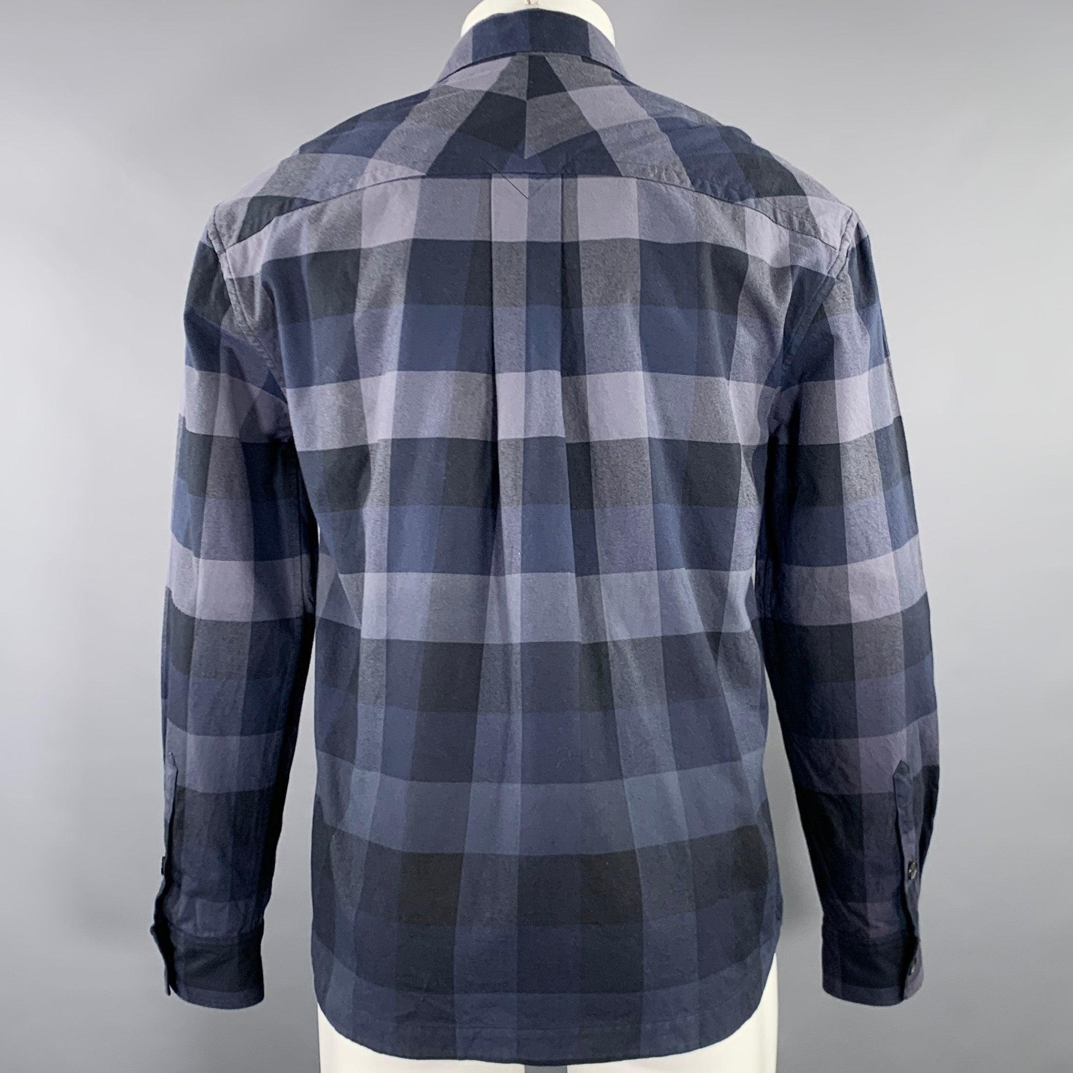 Black KENZO Size S Navy Grey Checkered Cotton Two Pockets Long Sleeve Shirt For Sale