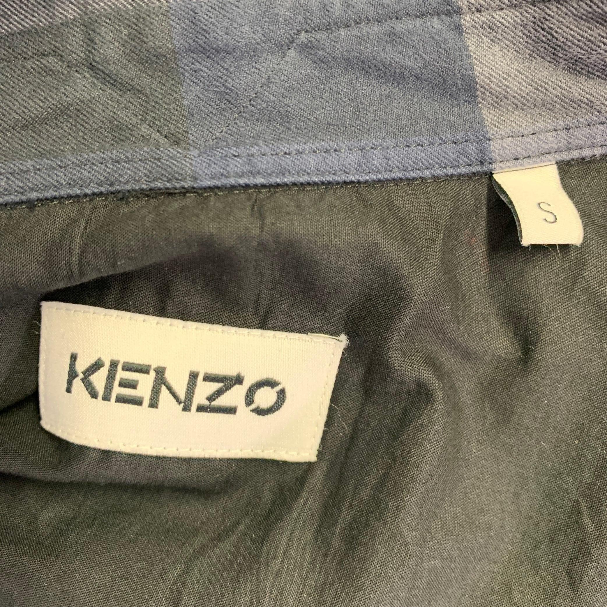 KENZO Size S Navy Grey Checkered Cotton Two Pockets Long Sleeve Shirt In Excellent Condition For Sale In San Francisco, CA