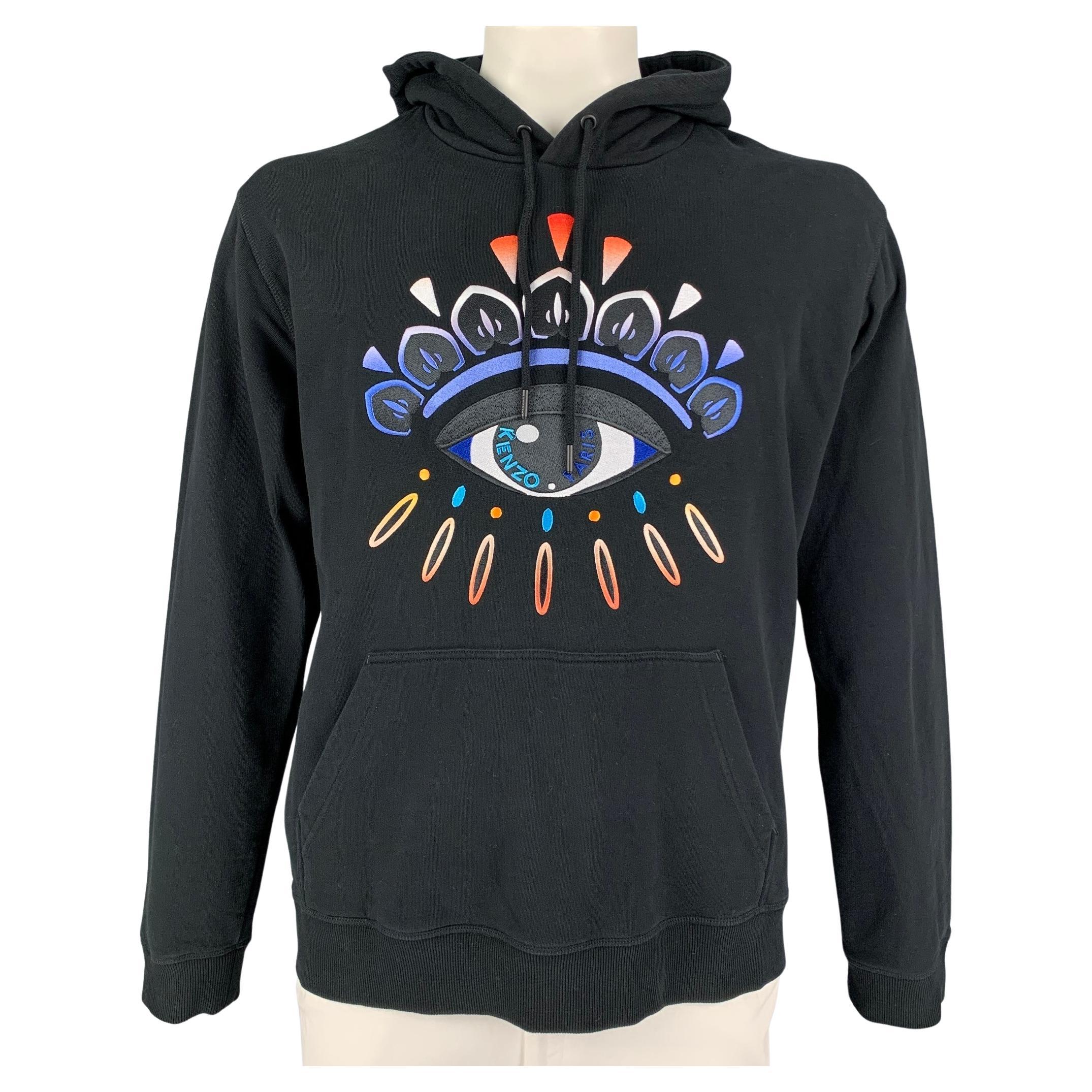 KENZO Size XL Black Multi-Color Embroidery Cotton Hooded Sweatshirt