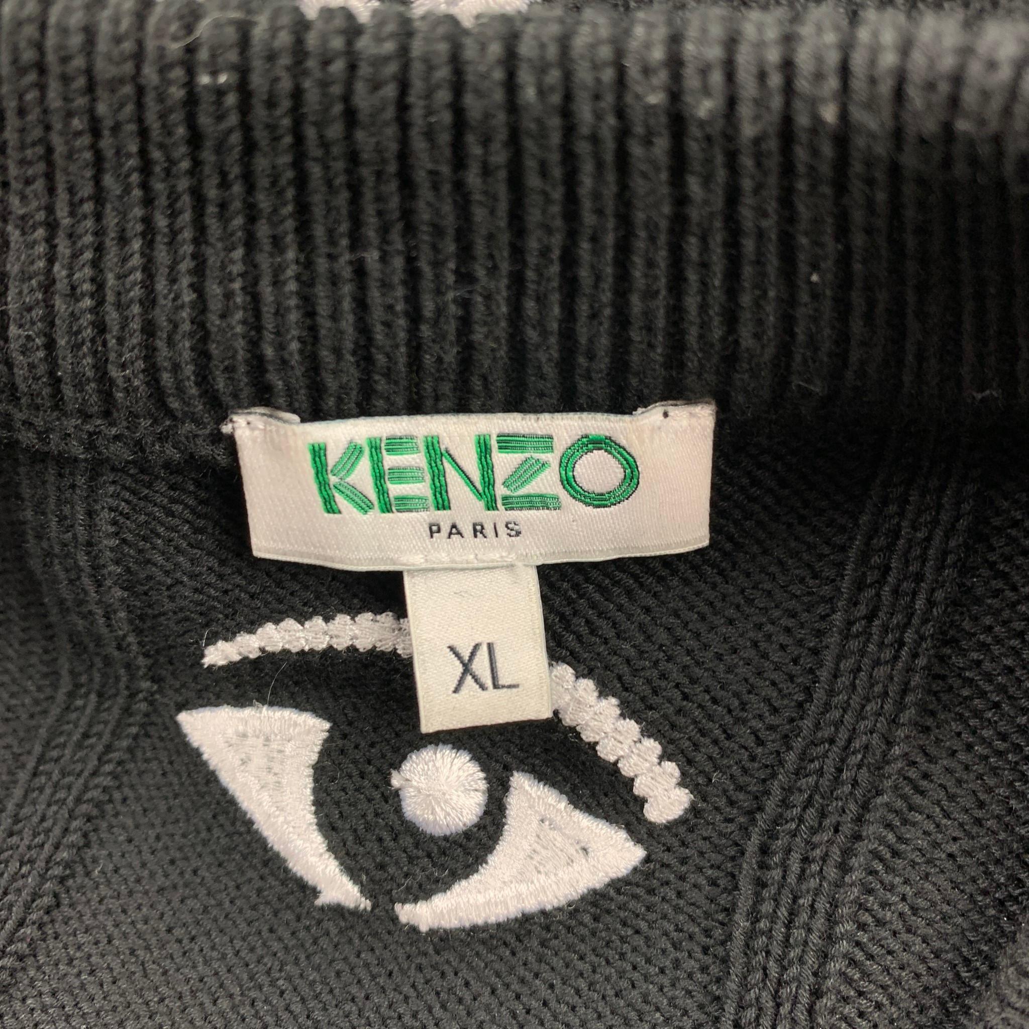 KENZO Size XL Black & White Embroidery Cotton Crew-Neck Pullover 2