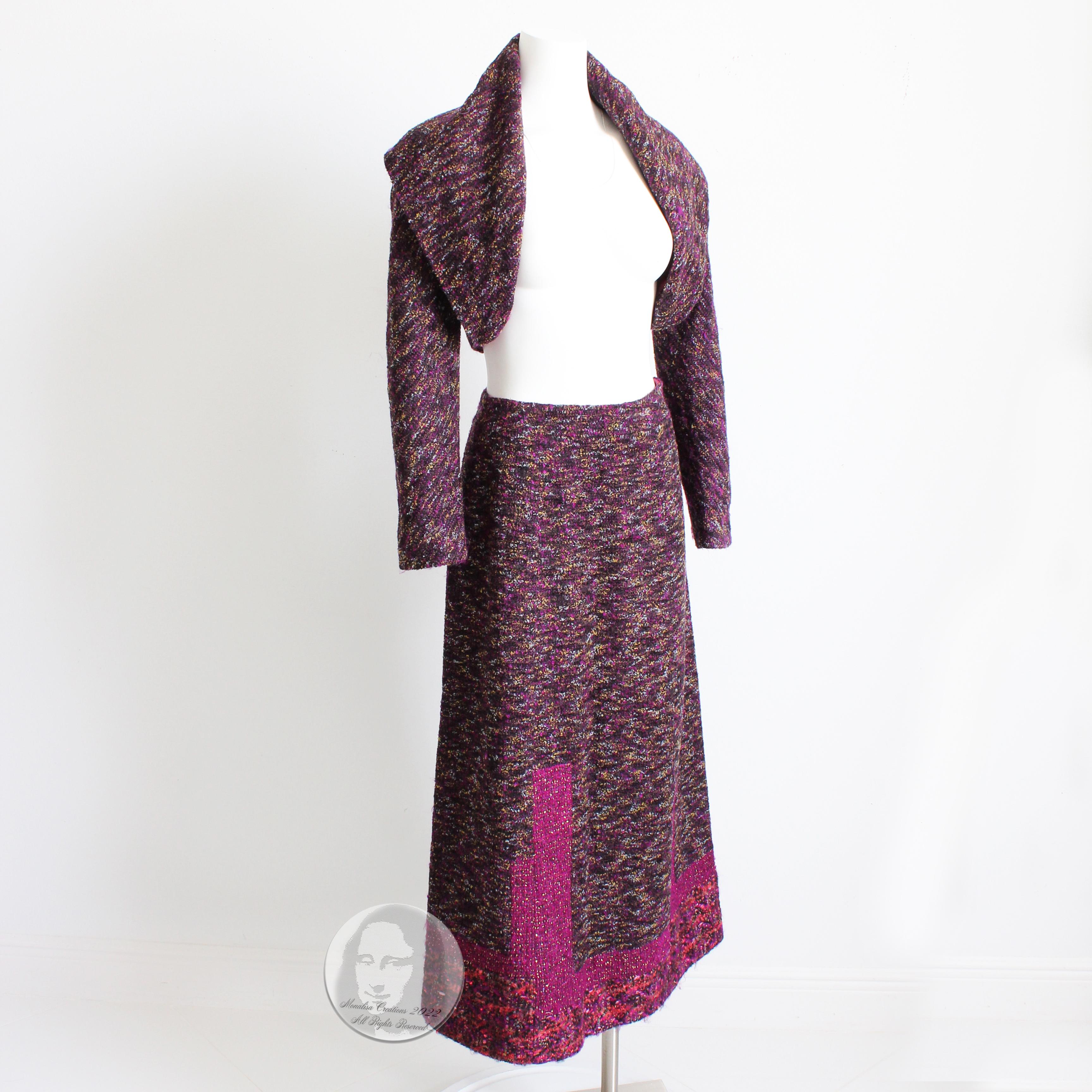 Preowned, vintage Kenzo Paris suit 2pc cropped shrug or jacket and maxi skirt, likely made in the late 90s.  Made from a gorgeous wool/mohair/synthetic blend knit in shades of lilac & fuchsia, the jacket is open and features a shawl collar; the