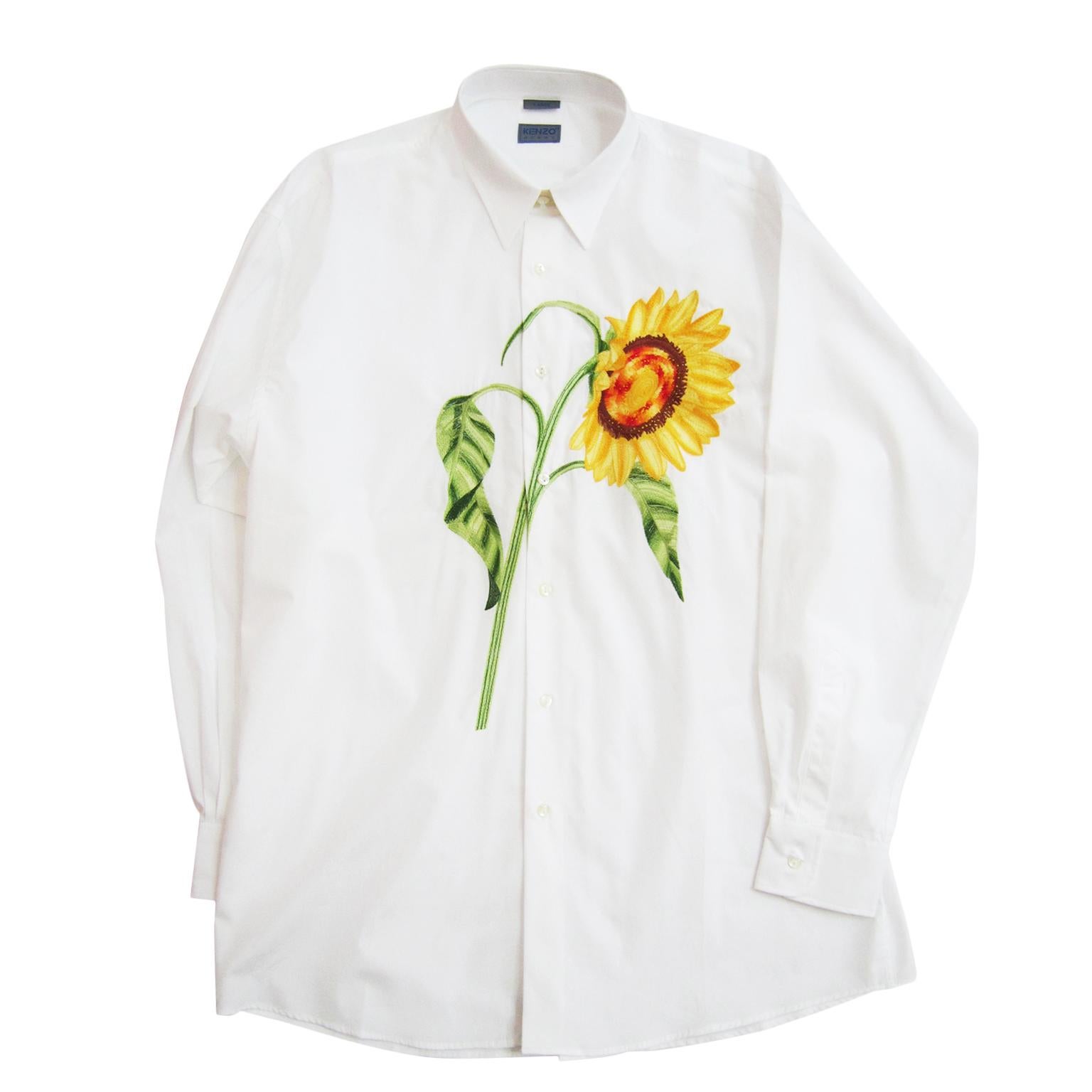 Gray Kenzo Sunflower Large Embroidery Mens White Shirt NWT 1980s For Sale