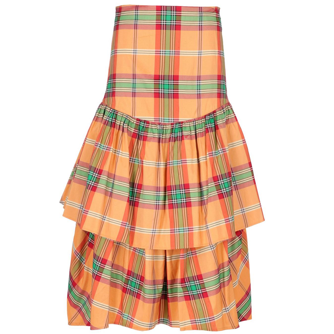 Orange Kenzo Tartan Shantung Silk Vintage Skirt, 1990s
