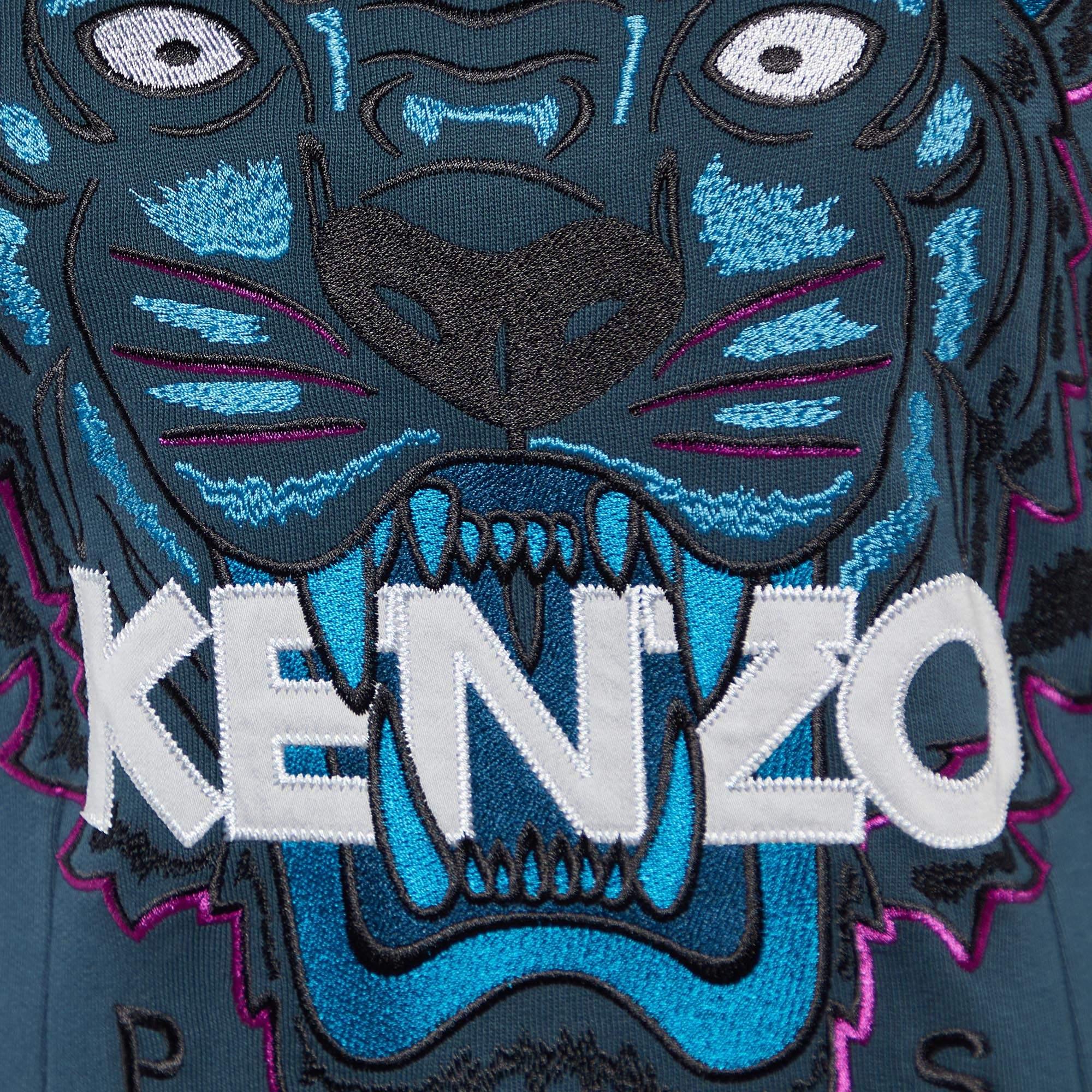 Kenzo Teal Green Tiger Embroidered Cotton Mini Dress S In Good Condition In Dubai, Al Qouz 2
