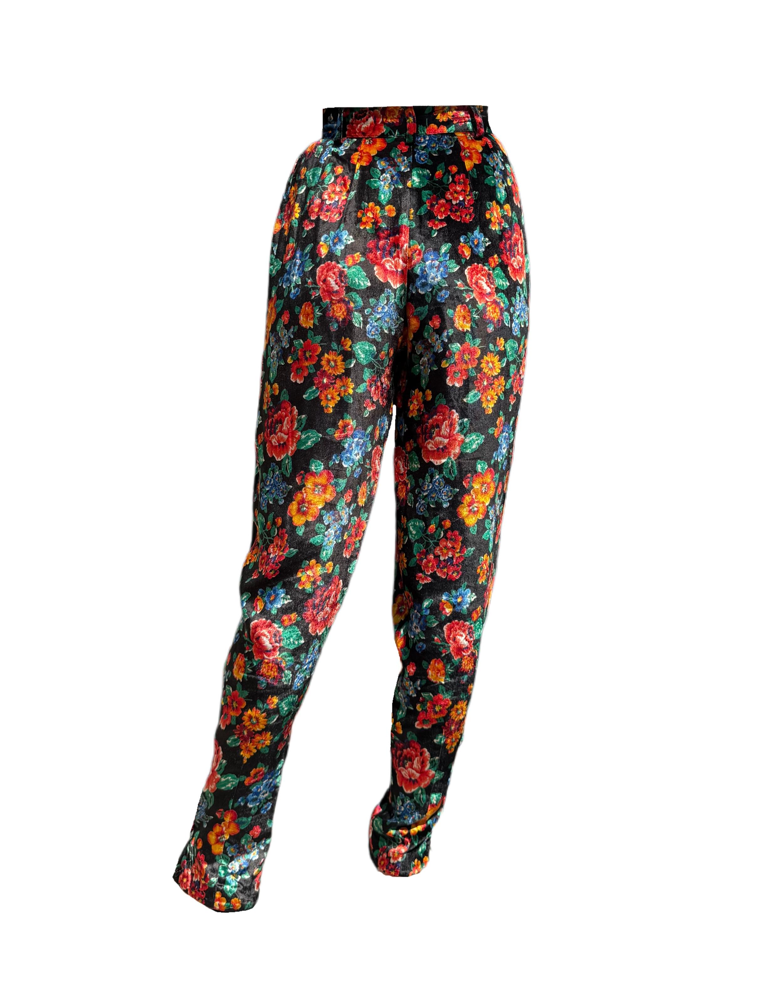 Rare 1990s Kenzo Velvet Floral Print Pleated Trousers.  

High waisted harem style pants that cut full and wide at the hips and narrow at the ankle. 
The waist is brought in by multiple small pleats at the front that give amazing wide shape to the