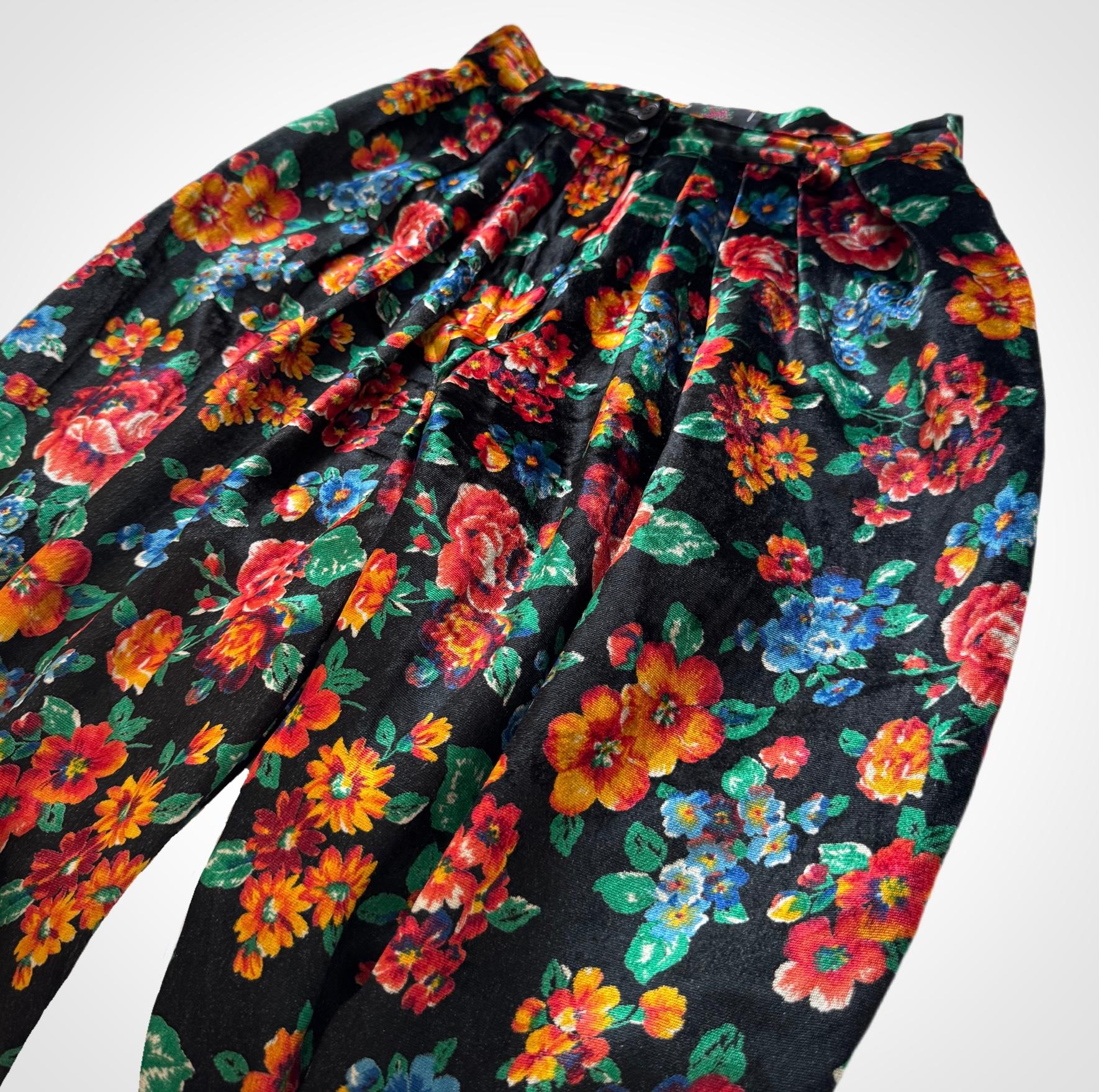 Black KENZO Velvet Floral Print Harem Pleated Trousers For Sale
