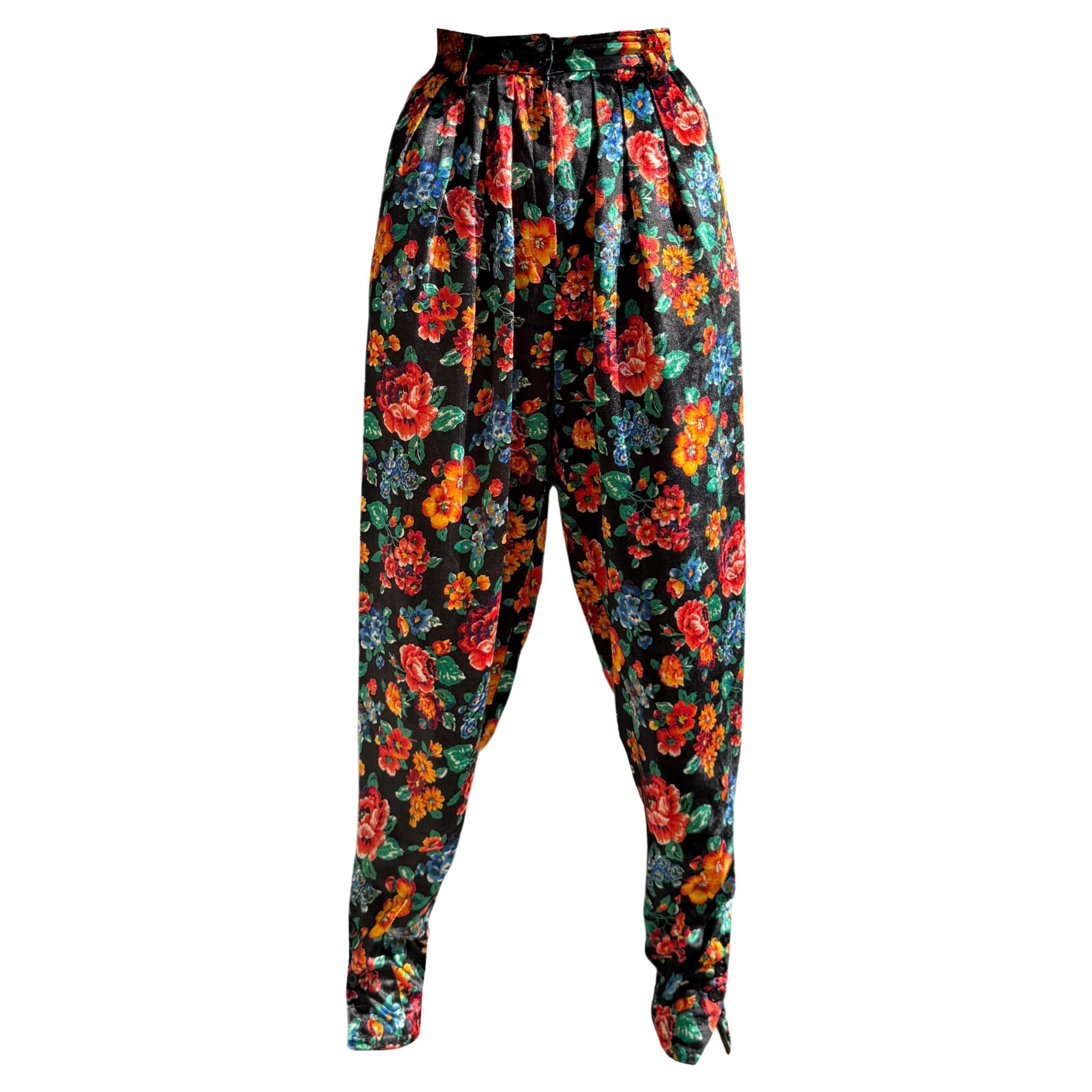 KENZO Velvet Floral Print Harem Pleated Trousers For Sale