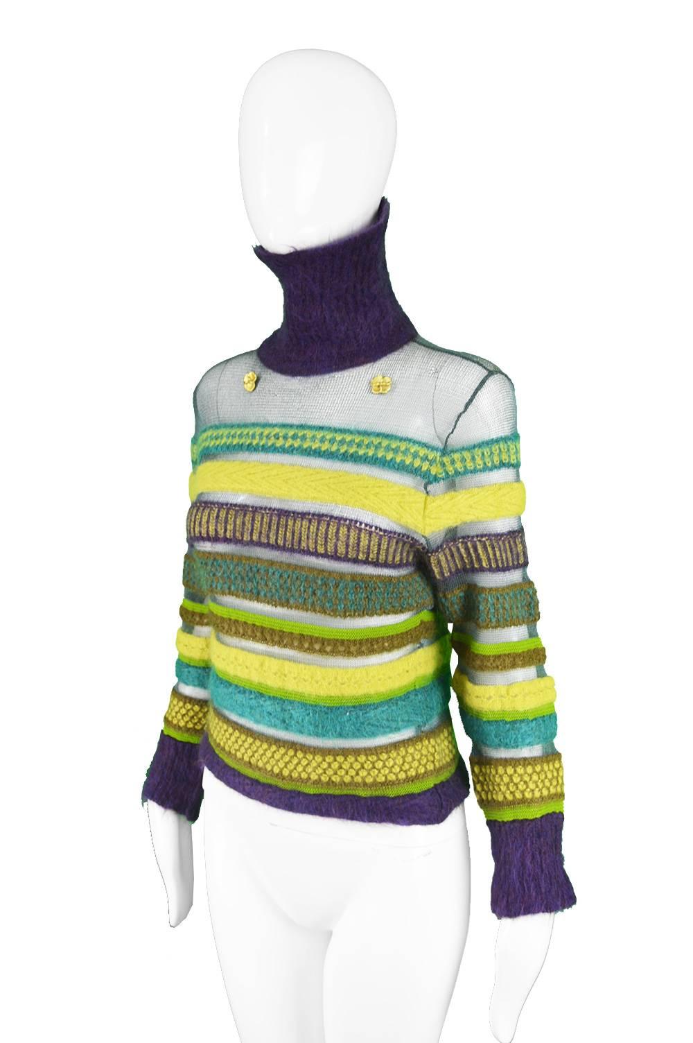Kenzo Vintage 1990s Striped Semi Sheer Fuzzy Green & Purple Turtleneck Sweater In Good Condition In Doncaster, South Yorkshire