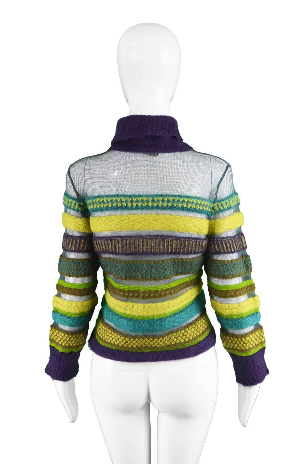 Women's Kenzo Vintage 1990s Striped Semi Sheer Fuzzy Green & Purple Turtleneck Sweater