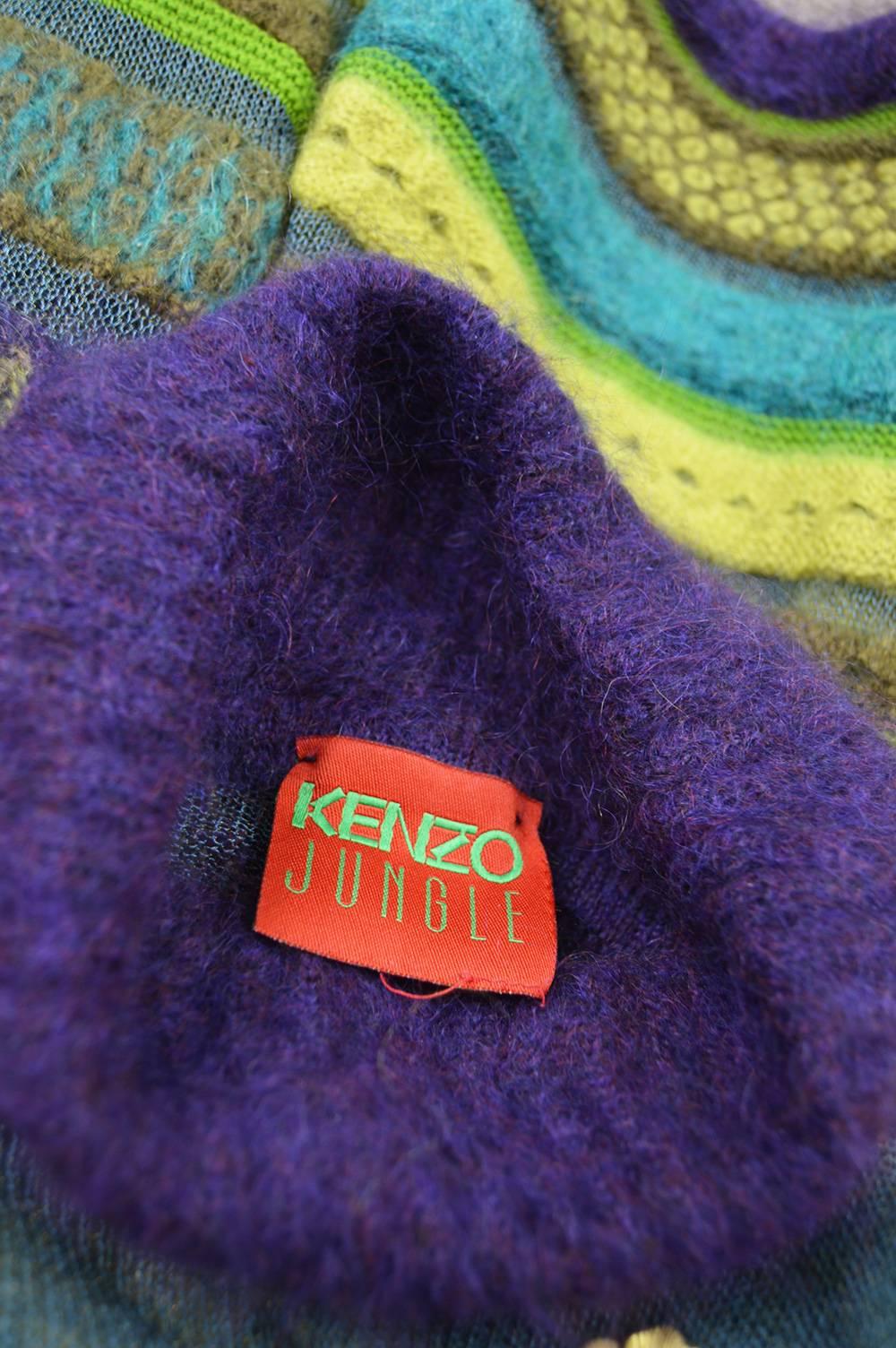Kenzo Vintage 1990s Striped Semi Sheer Fuzzy Green & Purple Turtleneck Sweater 1