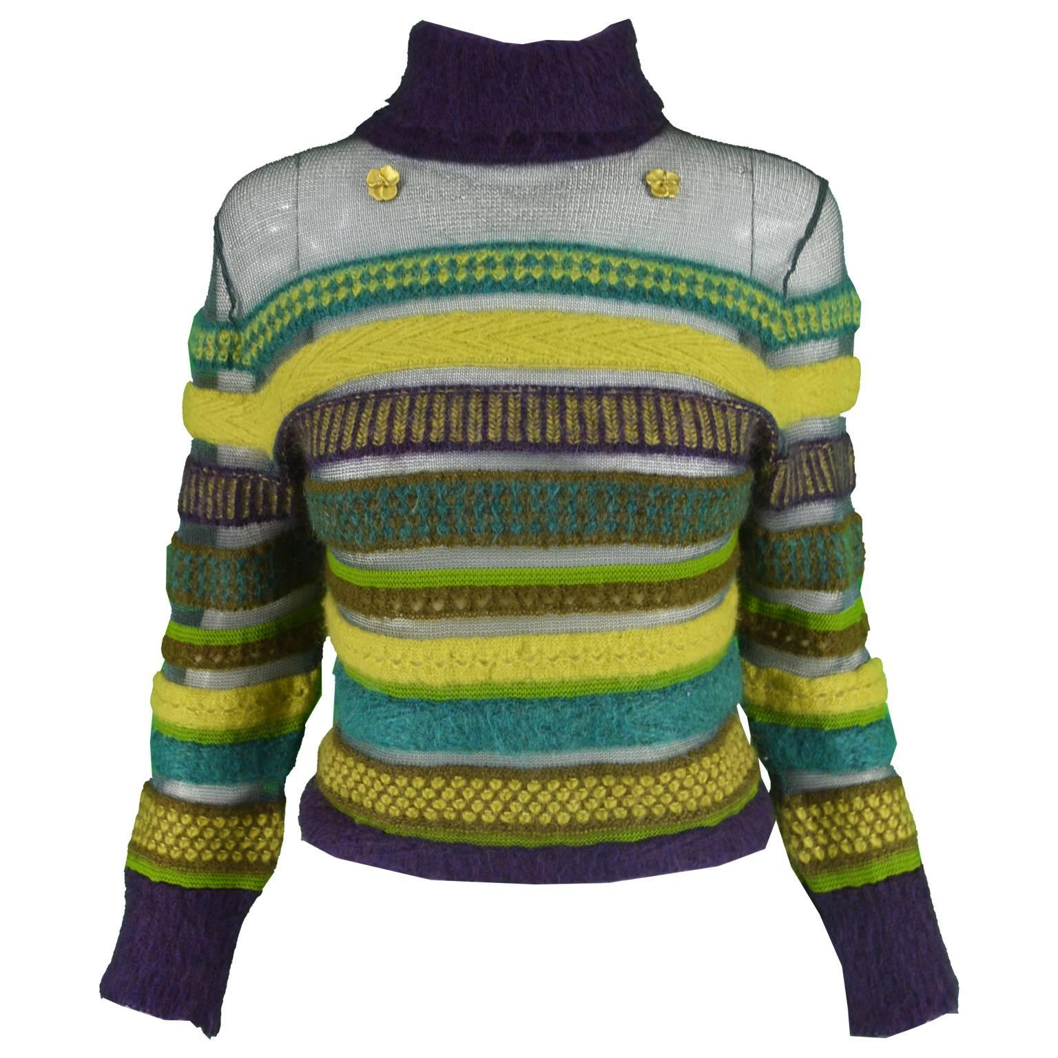 Kenzo Vintage 1990s Striped Semi Sheer Fuzzy Green & Purple Turtleneck Sweater