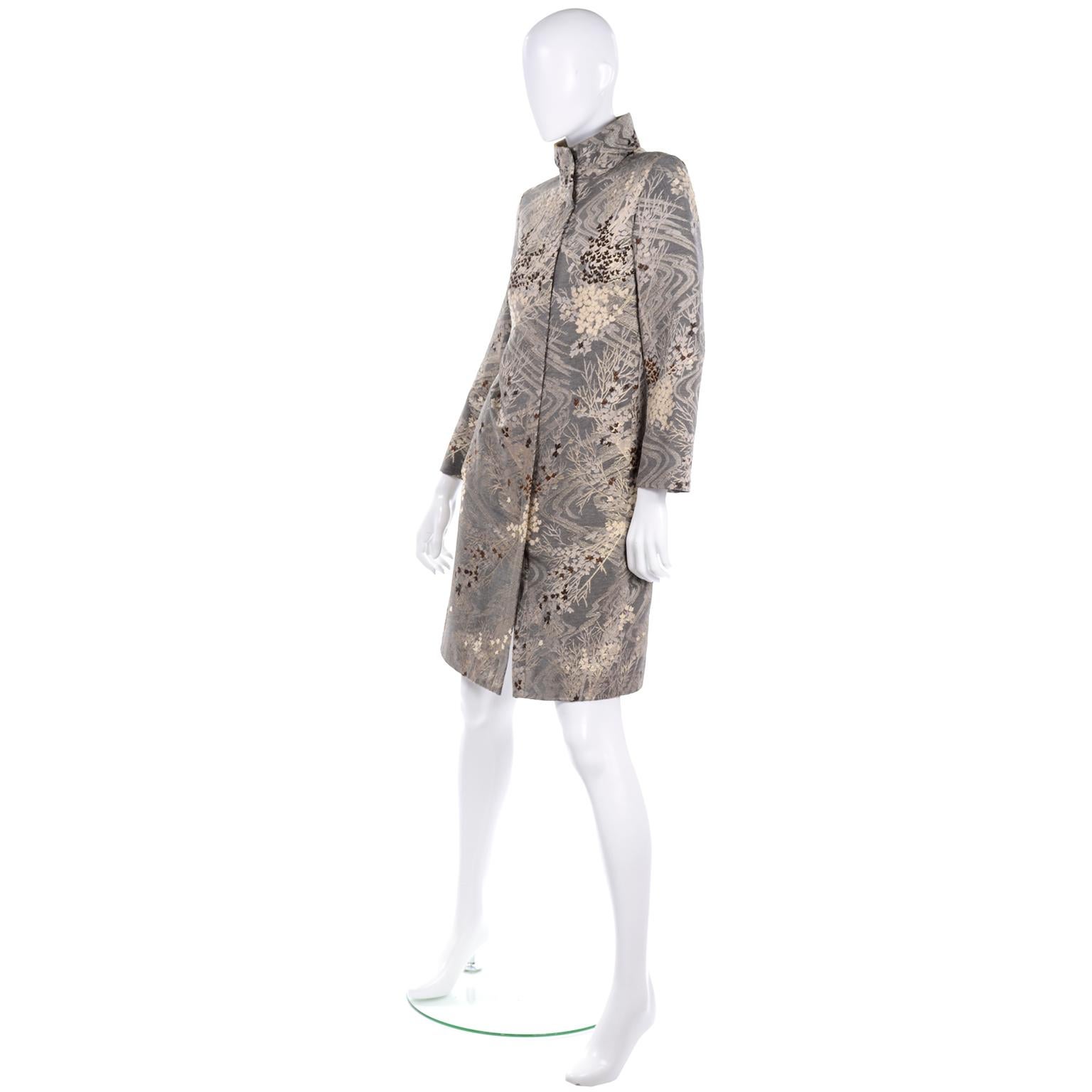 Kenzo Vintage 1990s Taupe Gold Metallic Brocade Coat With Velvet Trim In Excellent Condition In Portland, OR