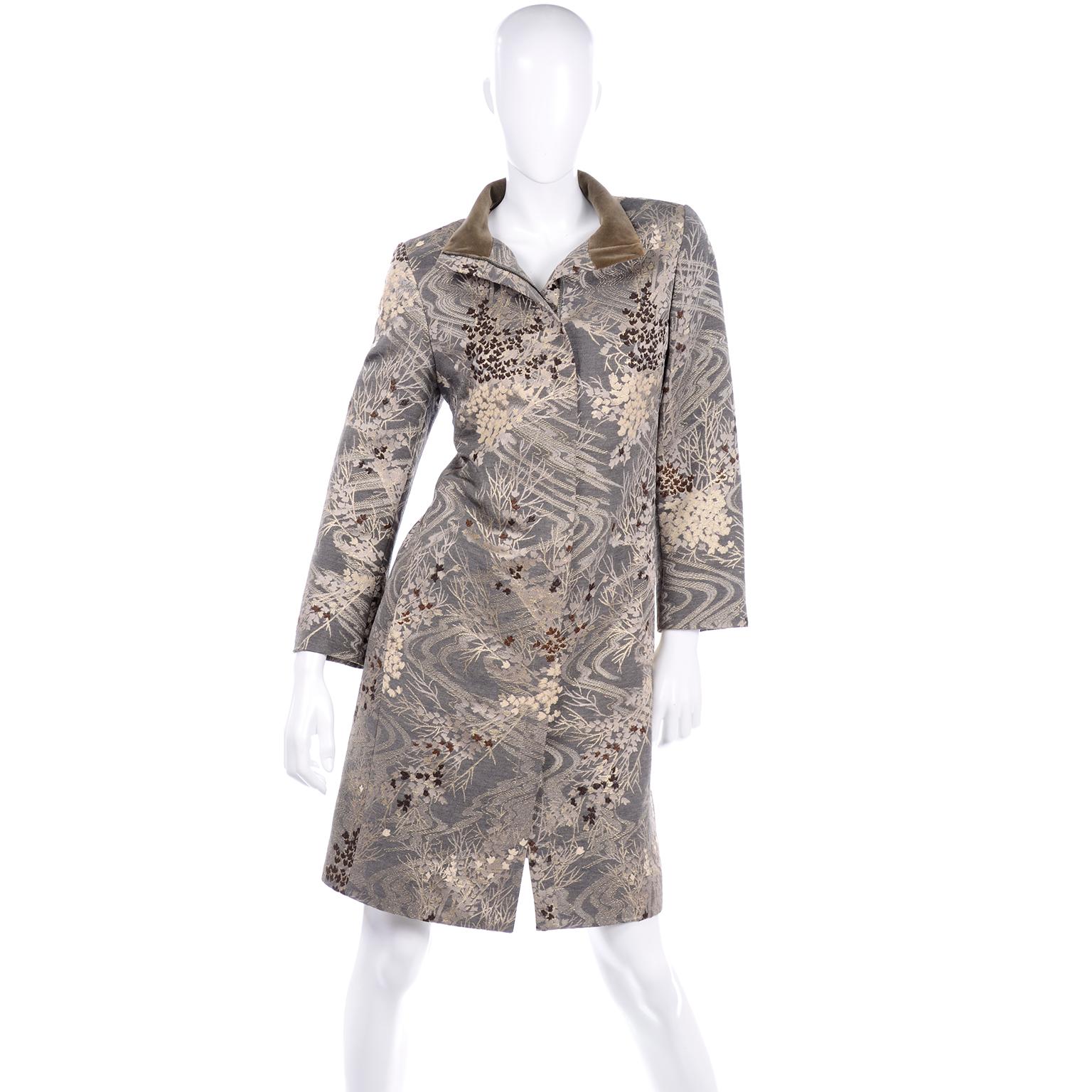 Women's Kenzo Vintage 1990s Taupe Gold Metallic Brocade Coat With Velvet Trim