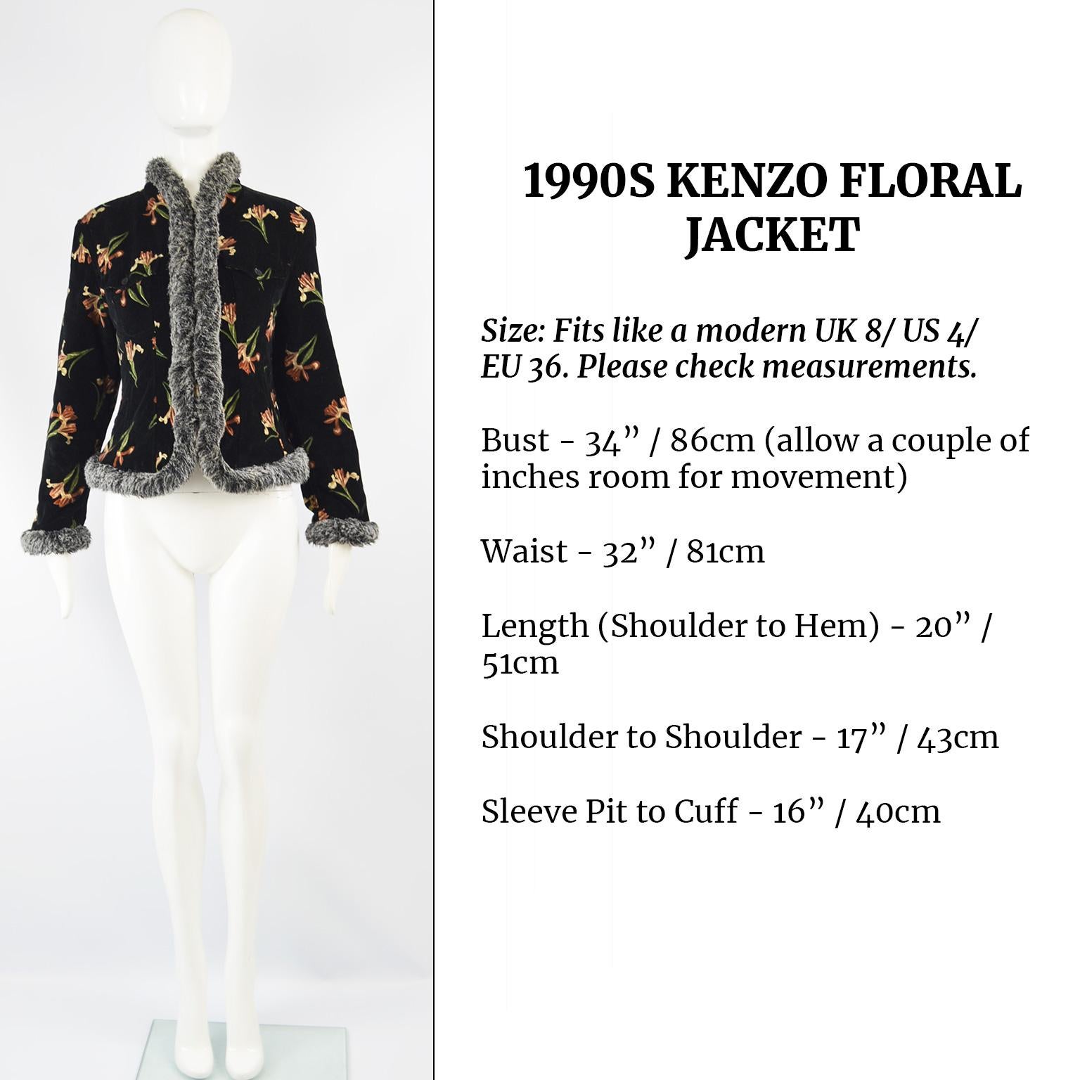 Kenzo Vintage Black Velvet & Faux Fur Floral Print Short Afghan Coat, 1990s  2