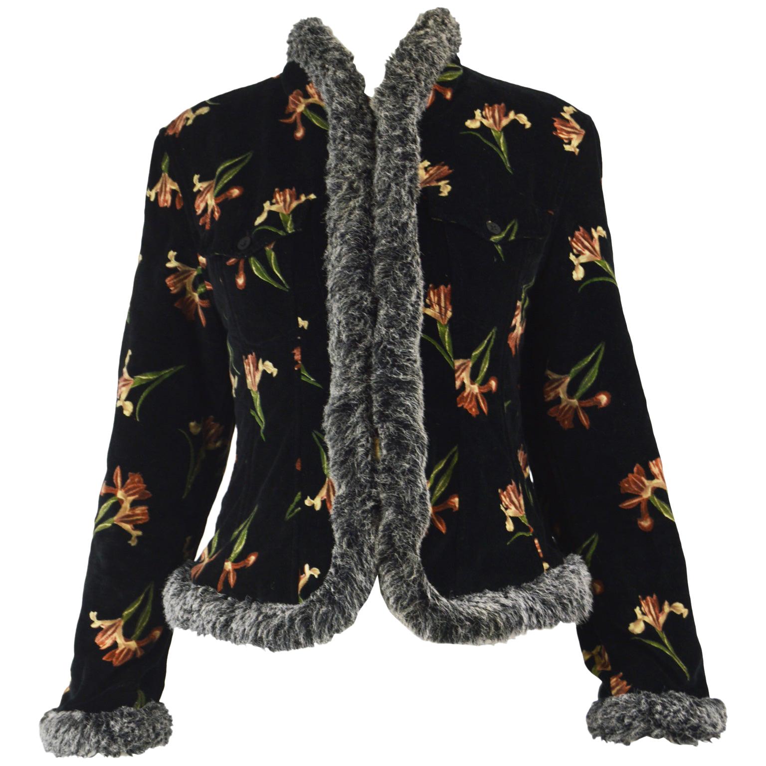 Kenzo Vintage Black Velvet and Faux Fur Floral Print Short Afghan Coat