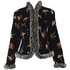 Kenzo Vintage Black Velvet & Faux Fur Floral Print Short Afghan Coat, 1990s