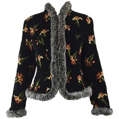 Kenzo Vintage Black Velvet & Faux Fur Floral Print Short Afghan Coat, 1990s 