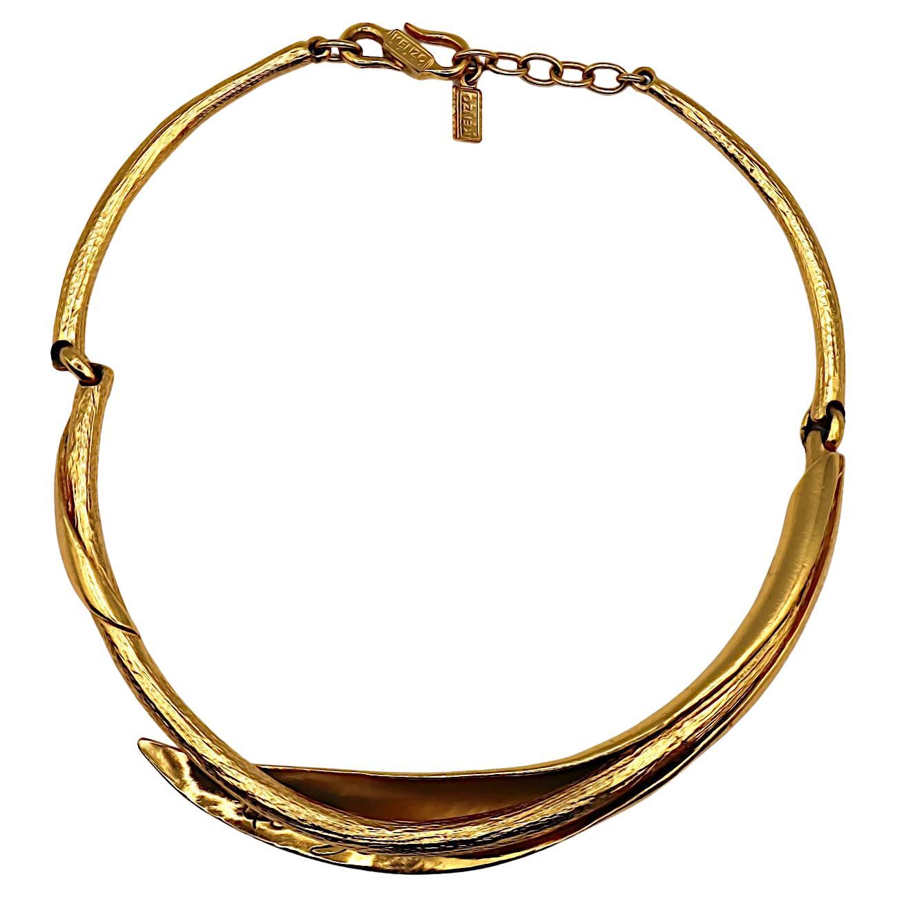 KENZO Vintage Gold Tone Calla Lily Flower Rigid Choker Necklace