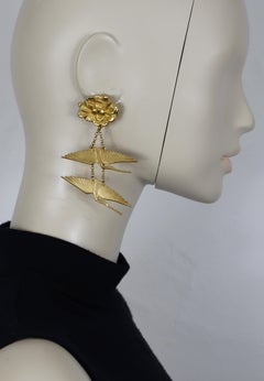 Pendientes colgantes KENZO Vintage Gold Tone Red-crowned Crane & Flower
