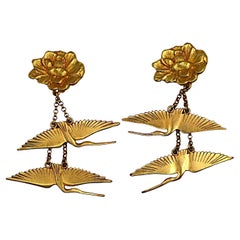 KENZO Vintage Gold Tone Red-crowned Crane & Flower Dangle Earrings