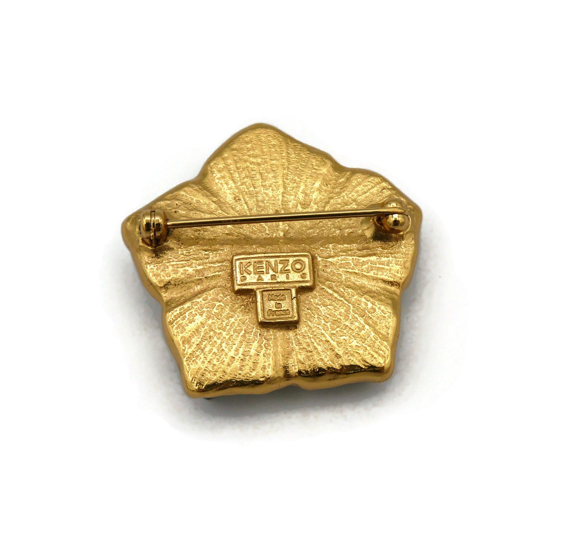 KENZO Vintage Gold Tone Resin Flower Brooch 3